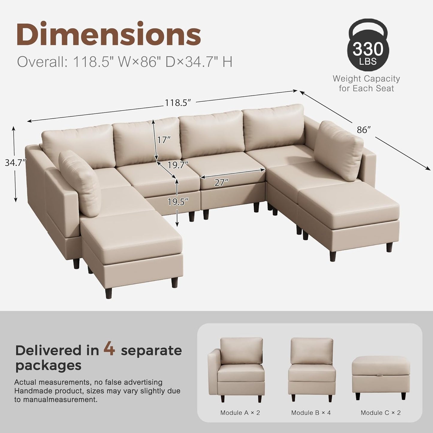 118.5" Faux Leather Modular Sectional Sofa, Modern Large 8 Seater U Shaped Couch with Storage Seat with Reversible Chaise Deep Seat for Living Room DIY Combination - Whitesand