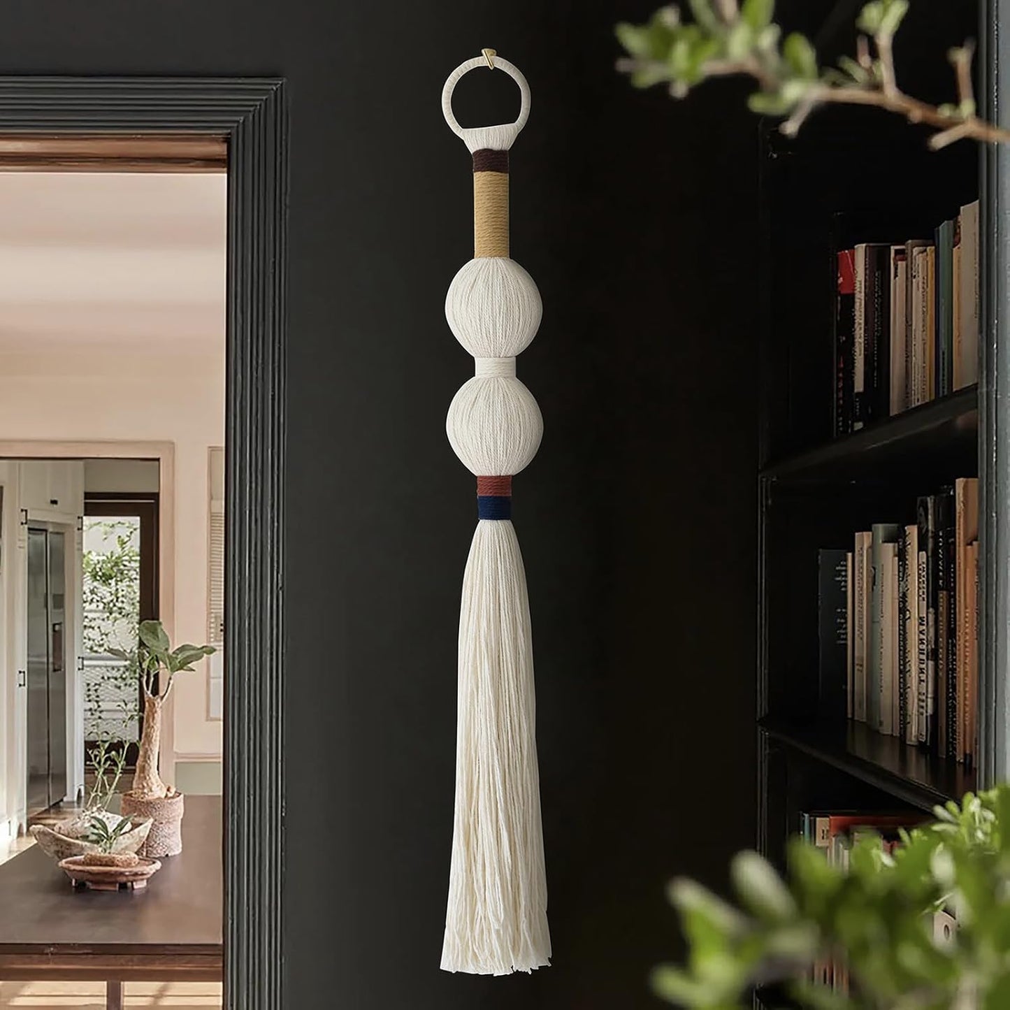Macrame Wall Hanging Boho Decor Yarn Wall Art Small Sphericity Cotton Textile Tassel Hanging Fiber Art for Living Room Bedroom 27'' L x 2.3'' W