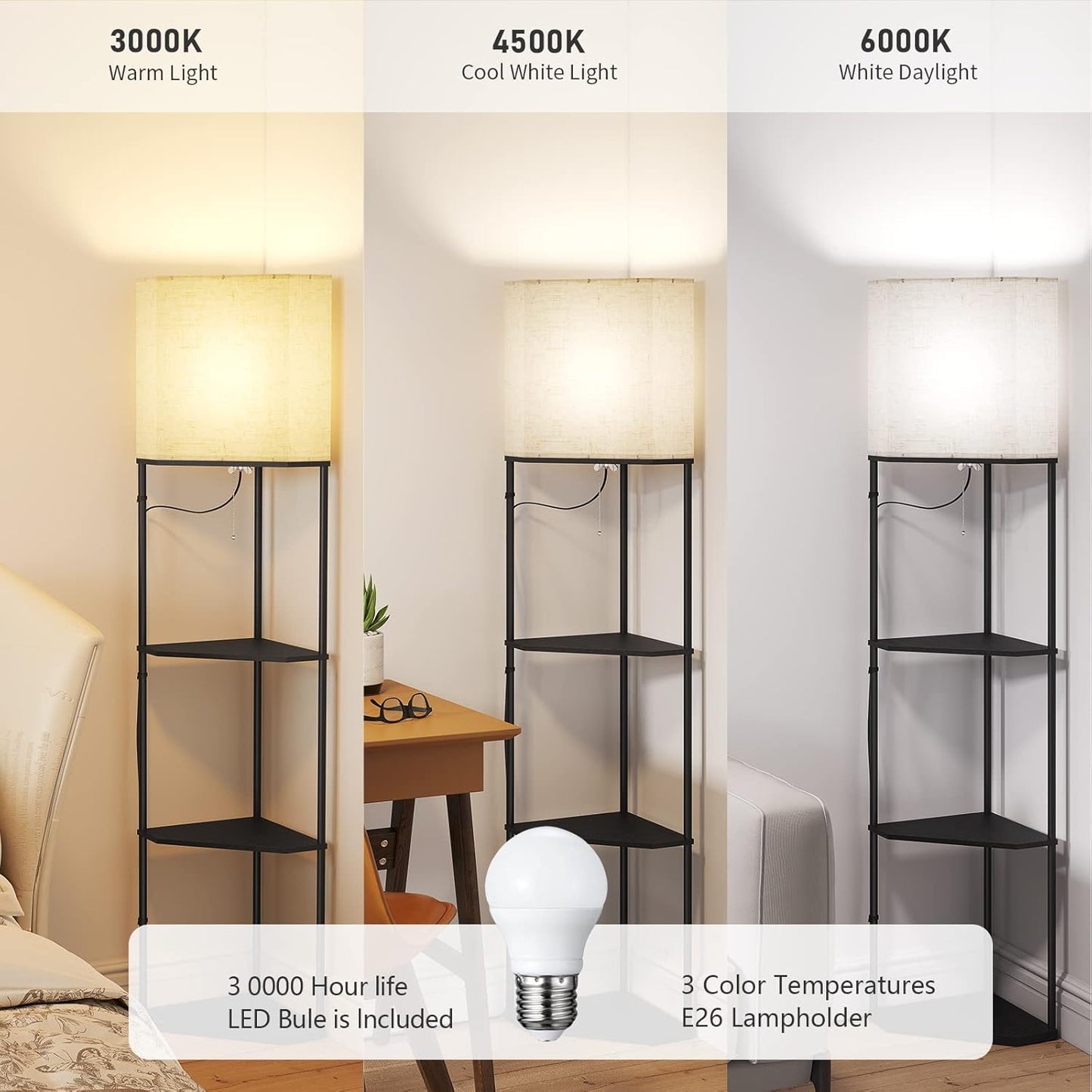 SUNMORY Sector Corner Shelf Lamp 3 Color Temperatures LED Bulb,Corner Lamps with Linen Lampshade, Floor Lamps for Living Room, Bedroom, Study, Black Standing Lamp with Shelves