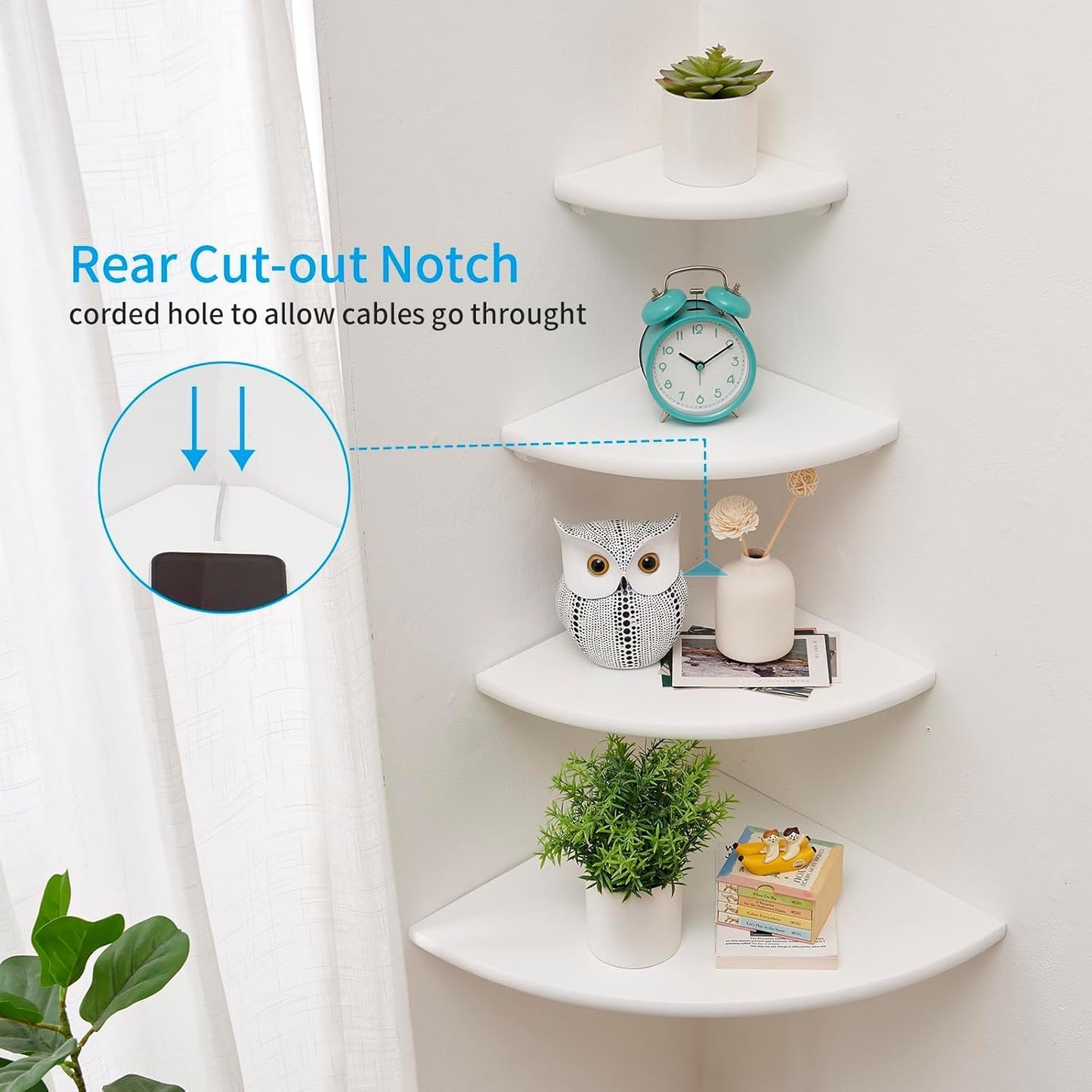 Corner Shelves, Floating Corner Shelf, Set of 2 Solid Oak Wood Wall Shelves, Round End Wall Mount with Wire Hole Shelving for Small Plant for Bedroom Kitchen, Living Room (White, 7.1in 2P)