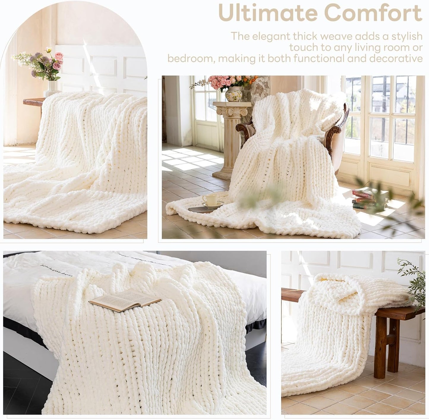 Chunky Knit Blanket - Luxury Soft Cozy 60 * 80 Throw Blanket,100% Woven Blanket Rope Knot Throw Blanket for Couch, Sofa, Home Decor, Gift - Machine Washable（Milk White）