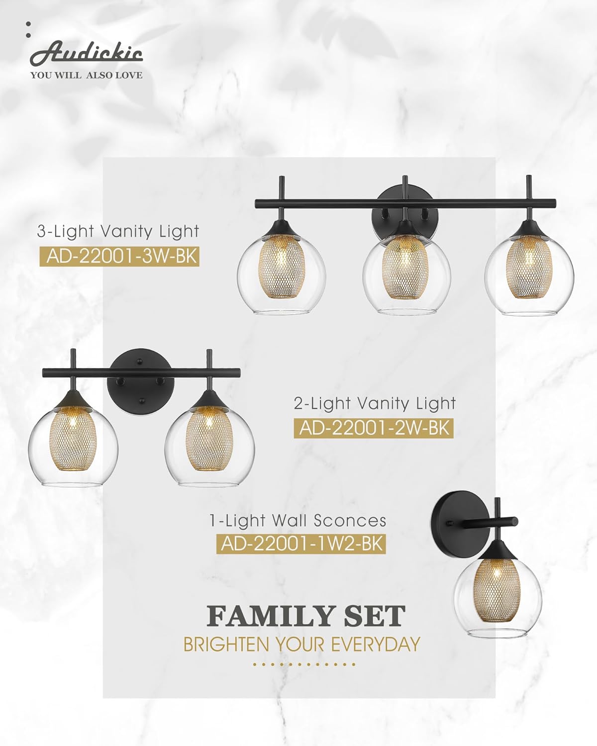 Black Wall Sconce Set of 2, Bathroom Vanity Light Fixture with Clear Glass and Honeycomb Metal Shade, Sconces Wall Lighting for Mirror Bedroom Hallway, AD-22001-1W2-BK