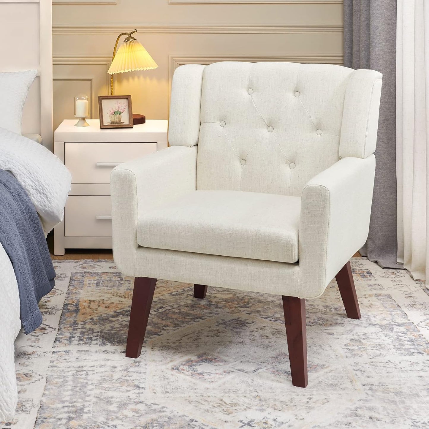 Accent Chair Button-Tufted Upholstered Living Room Chairs Comfy Reading Chair Mid Century Modern Chair with Linen Fabric Lounge Arm Chairs for Living Room Bedroom (Beige Set of 2)