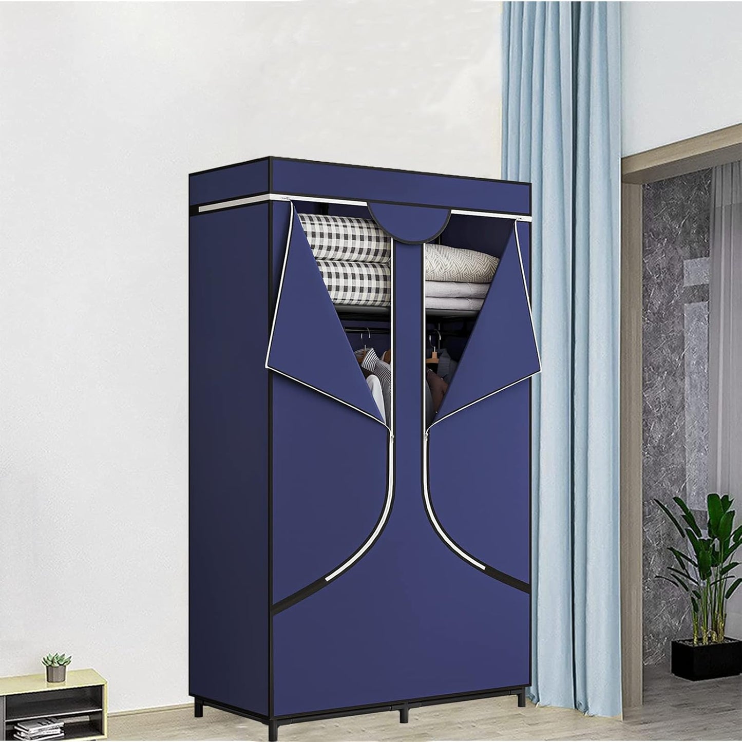 SORCEDAS Portable Wardrobe Closet Storage Organizer Metal Hanging Rack Non-Woven Fabric 34 Inch Coffee (34 Inch, Blue)