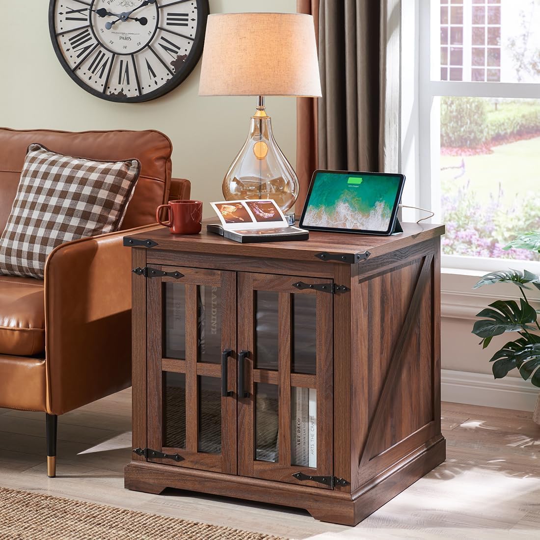 Farmhouse End Table with Charging Station,24" Large Sofa Side Table with Glass Barn Door, Rustic Wood Nightstand Bedside Table with Adjustable Storage Shelf for Living Room, Bedroom, Walnut