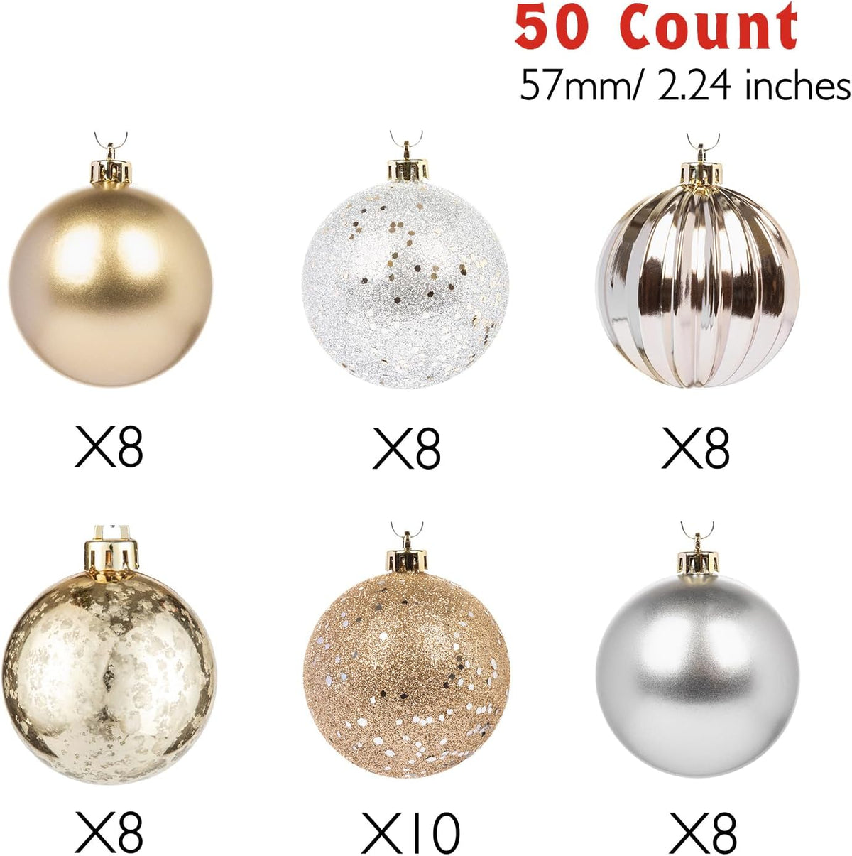 Every Day is Christmas Ornaments, Shatterproof Christmas Tree Ornament Set, Christmas Balls Decoration 50 Count (2.24"/57mm, Gold Silver)