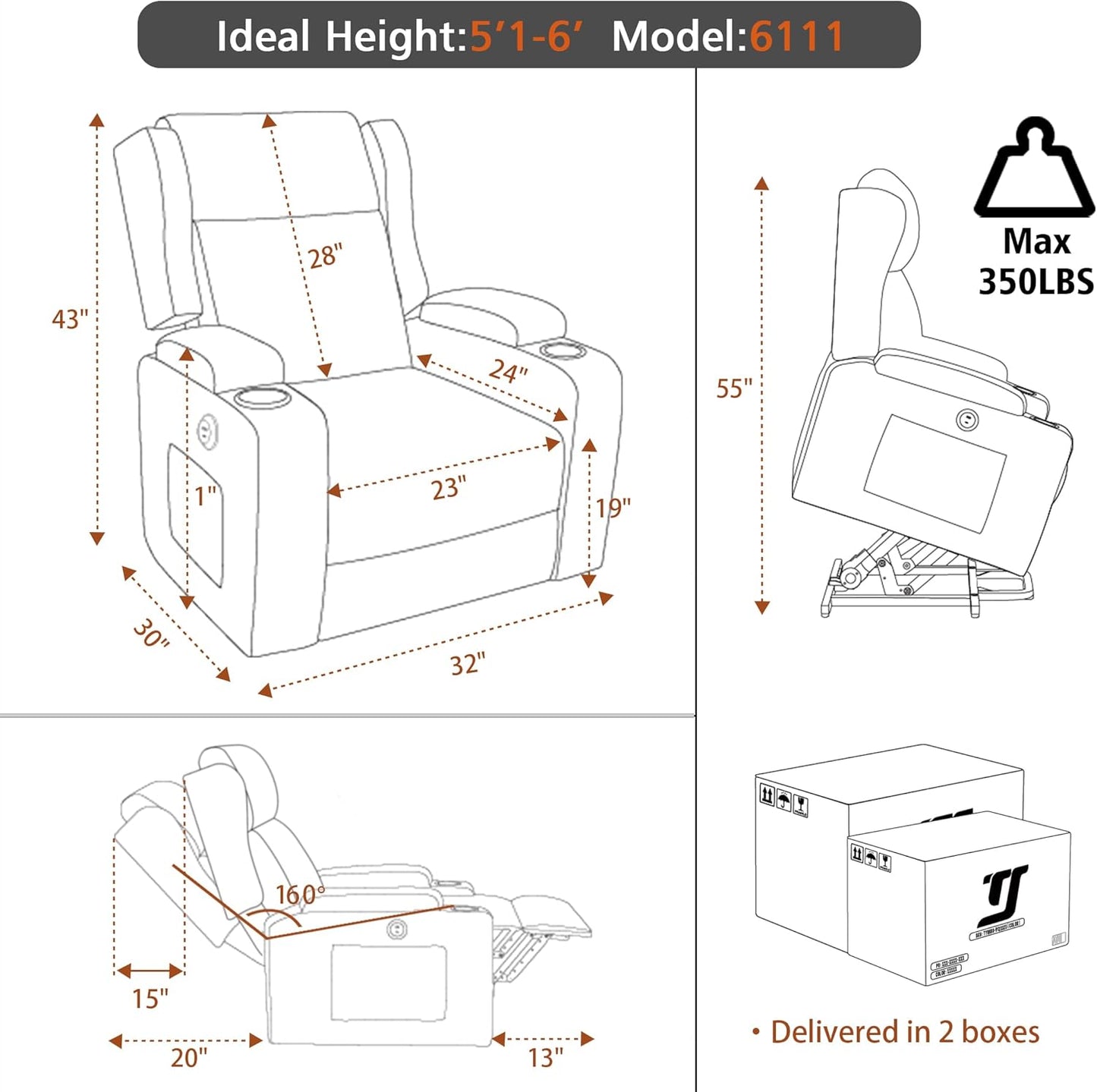 Lift Recliner Chair for Adults with Massage and Heating, Power Lift Recliner Chairs for Elderly, Corduroy Fabric Reclining Chair with USB &Type-C Port, Cup Holders, L6111 (Khaki)