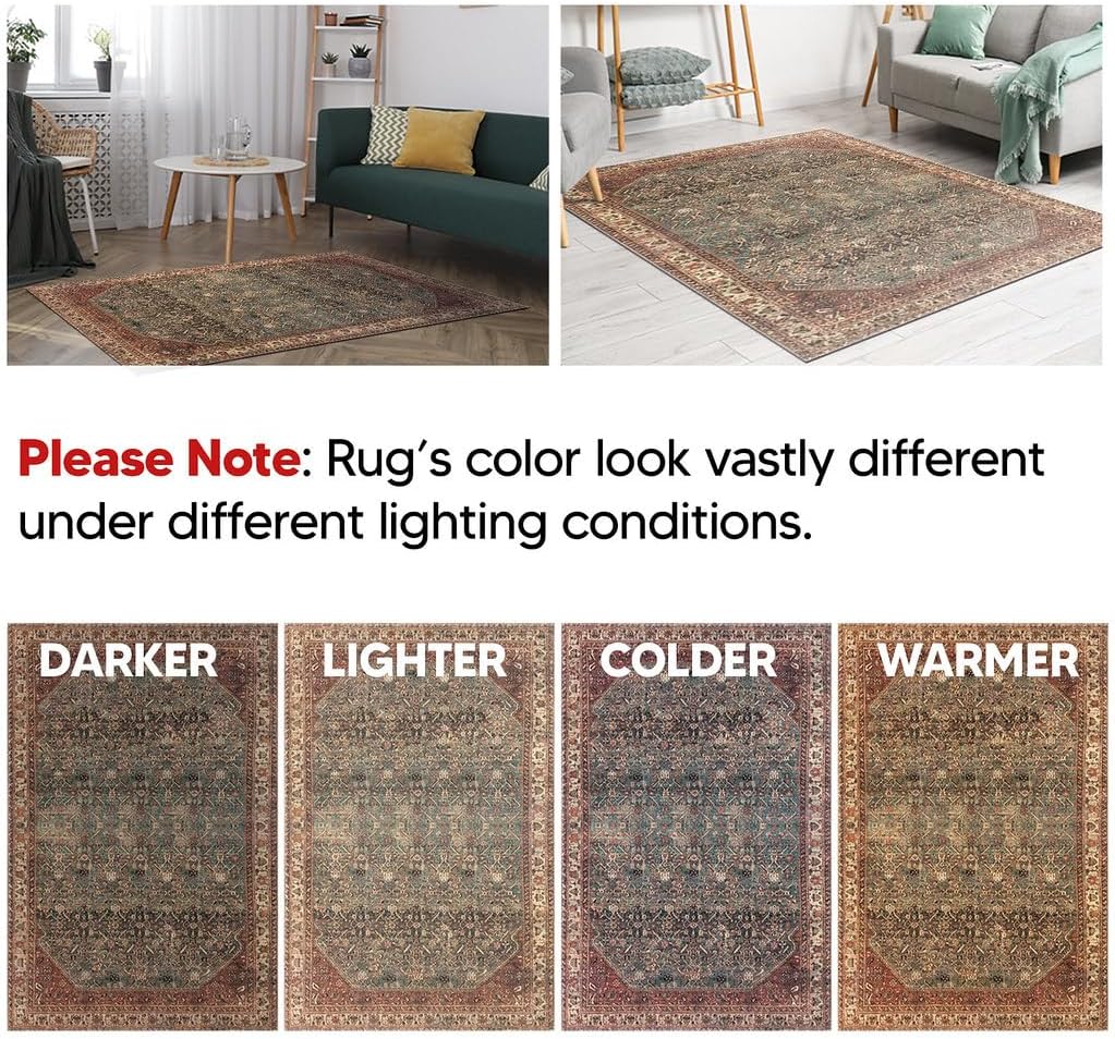 Keen Home Design 6x9 Rug - Machine Washable Area Rug with Non-Slip Backing, Ideal for Living Room, Dining Room, Bedroom - Vintage, Easy Clean, Durable, Low Pile Rug - (6' x 9')