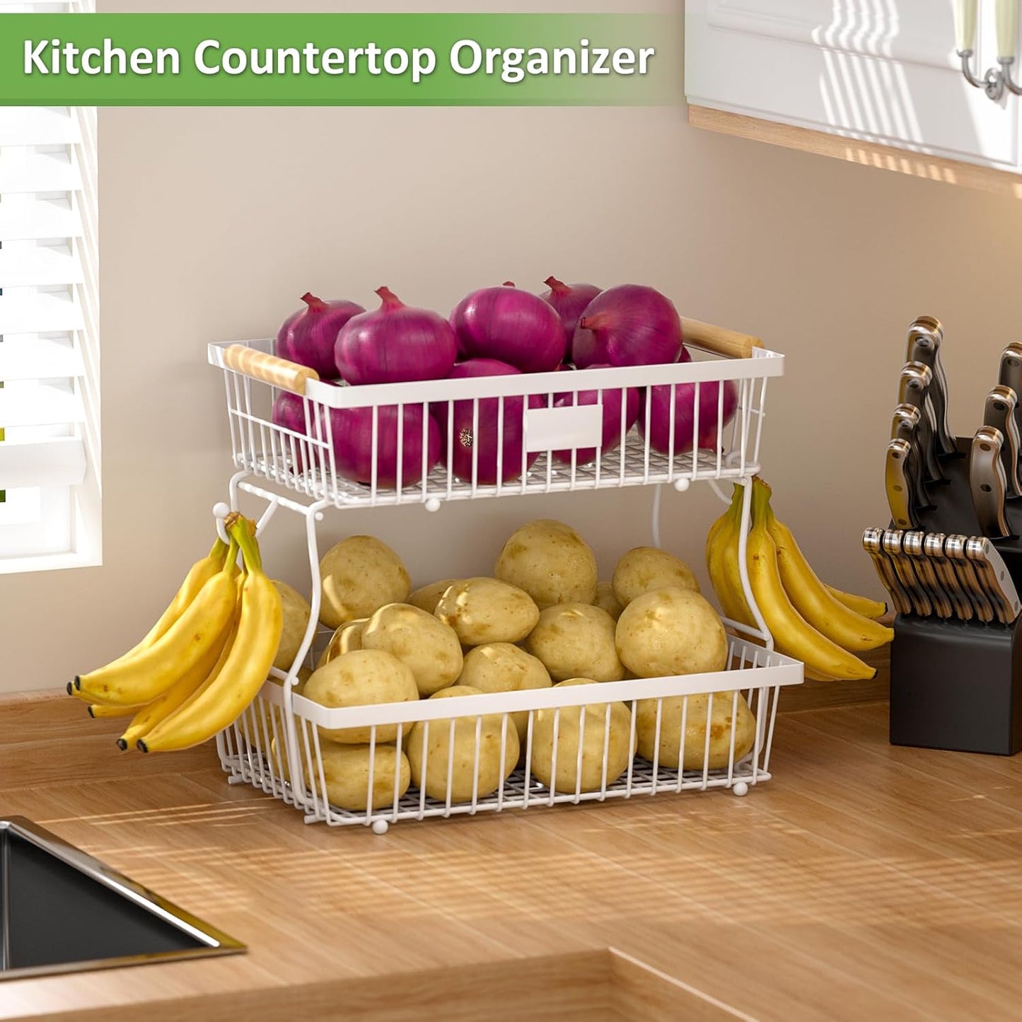 2 Tier Fruit Basket for Kitchen Counter with 2 Banana Hangers, Countertop Metal Fruit Bowl with Wooden Handle, Large Storage Stand for Vegetables, Snacks, Breads, Produce Storage – White