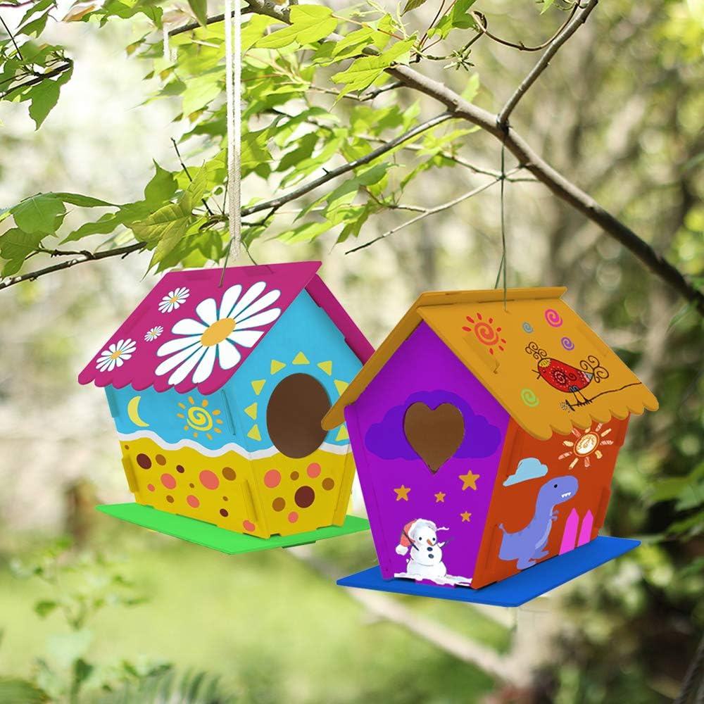 hapray 2 Pack Bird House Kit, DIY Birdhouse Kits, Wooden Crafts Arts for Children to Build and Paint (Includes Paints & Brushes) for Kids Girls Boys Toddlers Halloween Christmas Gifts
