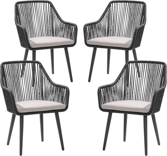 Patiorama Outdoor Dining Chairs, Patio Dining Chair Set of 4, All-Weather Woven Rope Rattan Chairs, Outdoor Dining Wicker Chairs with Armrests for Indoor Balcony Pool Backyard(Black)