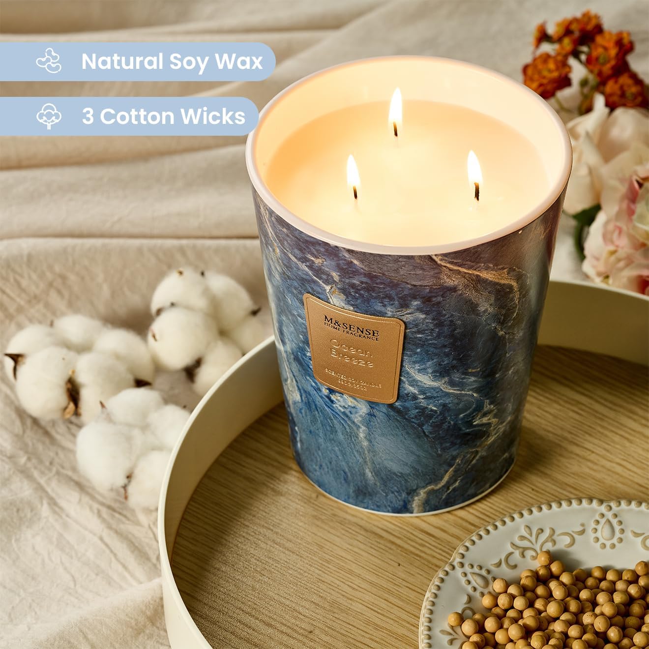 M&SENSE Ocean Breeze Scented Candles for Home, 3-Wick Highly Scented Jar Candles, 35 Oz 150 Hours Long Lasting Burning Candles Gifts for Women, Relaxing Aromatherapy Candle for Stress Relief
