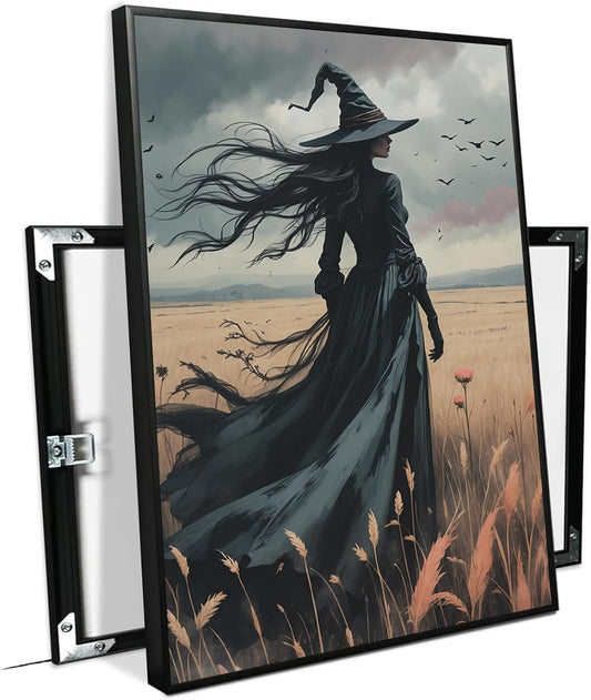 JFHCQJPK Gothic Decor Canvas Wall Art Witch in Rice Field Halloween Art Decor Print Nature Print Victorian Home Bedroom20x30in Metal blackFramed
