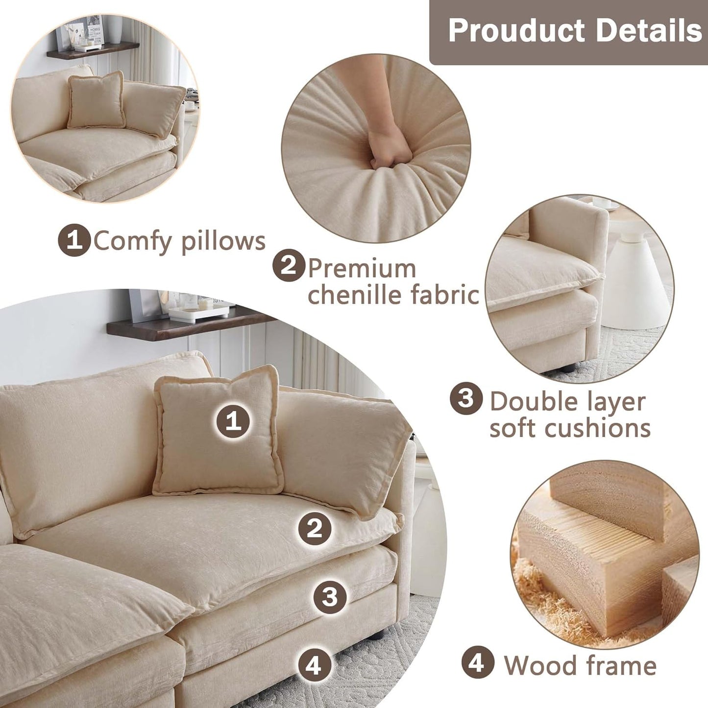 Sectional Sofa 3 Seater with Movable 1 Ottoman,Oversized Modular Couch Deep Seat (Light Coffee, 111.5 inch-L)