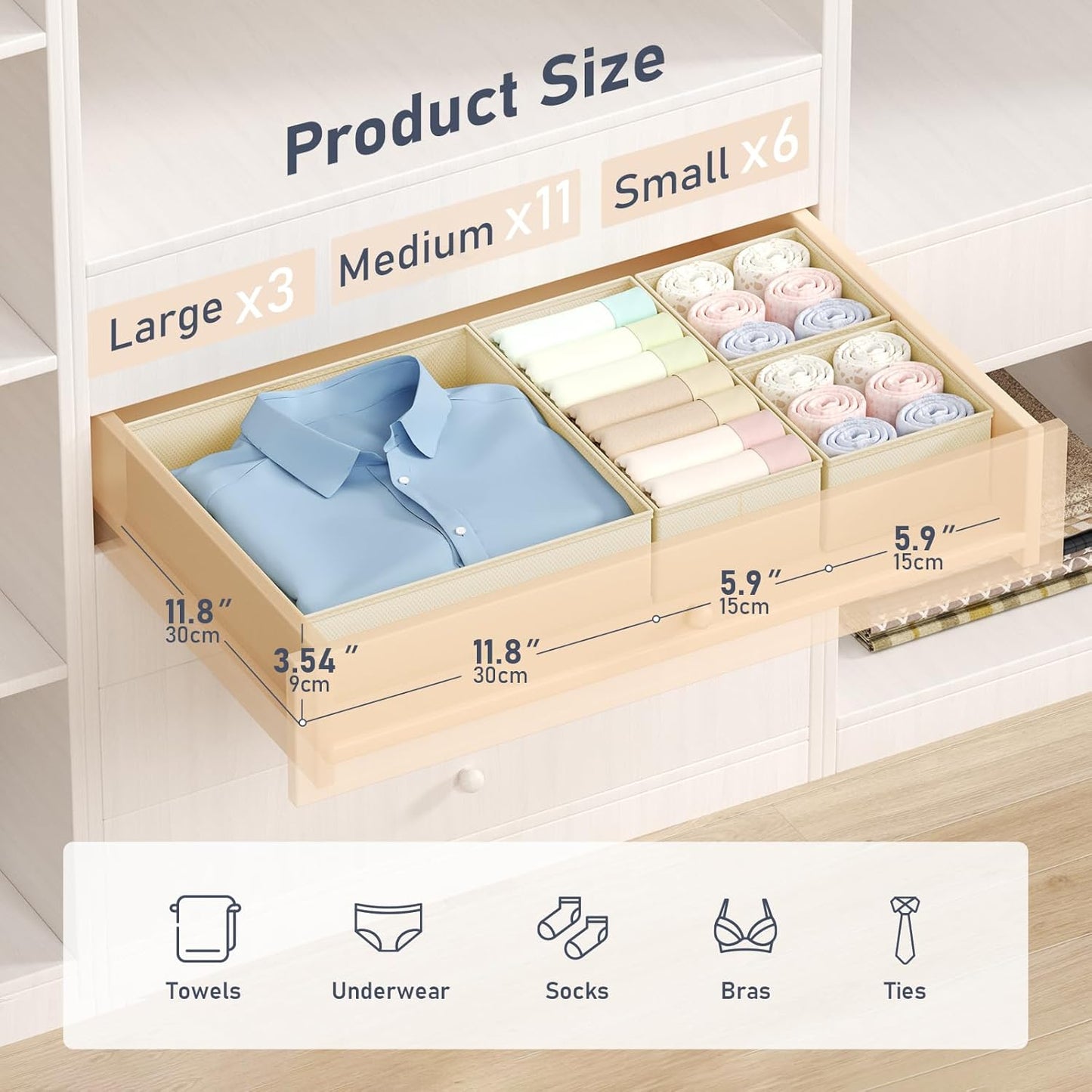 DIMJ Drawer Organizer Clothes 20 Pack - Foldable Baby Organizers and Storage & Dresser Organizer for Bedroom, Closet - Nursery Organization Dresser Dividers for underwear, Sock,Bra, Belt, Tie, Beige