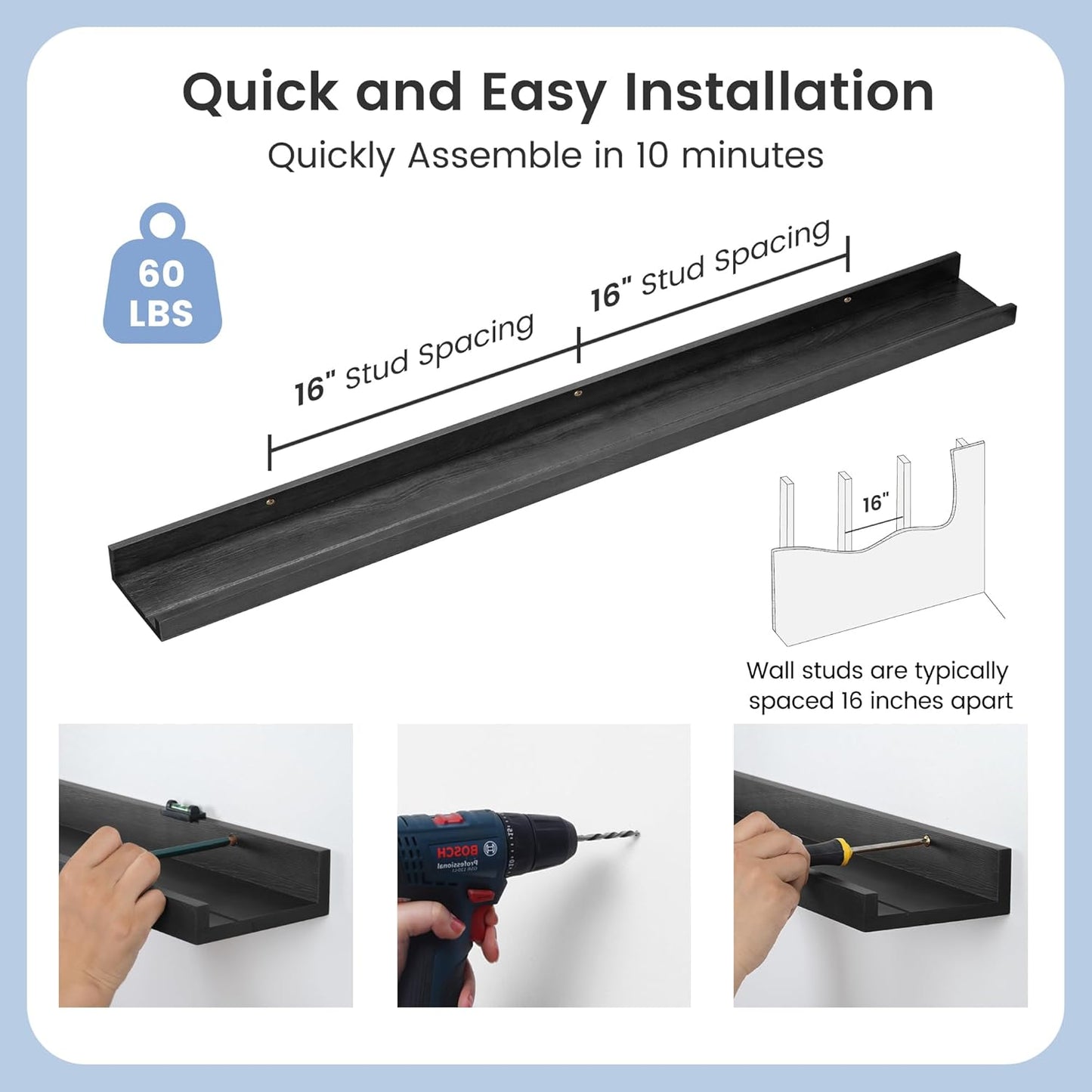 Picture Ledge Wall Shelves 48 inches Width Set of 3, Solid Pine Wood Rustic Floating Ledge Shelves for Wall for Kids' Room Bedroom Kitchen Bathroom Long Floating Shelves for Wall Decor, Black