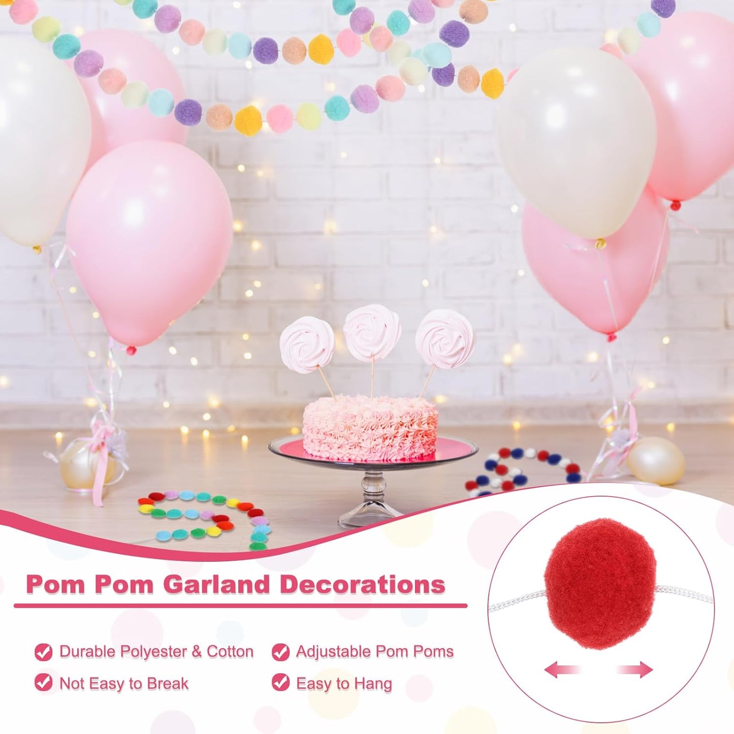 PATIKIL 13Ft Pom Pom Garland Decorations, 2Pcs Colorful Felt Ball Garland Banner Cute Rainbow Pompom Hanging Decorations for Tree Ornaments Decor, Yellow/Brown/Gold Tone/White/Orange/Red
