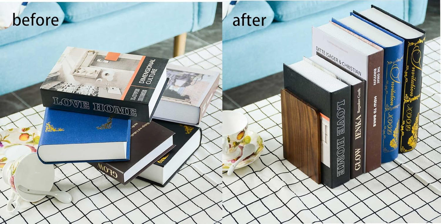 Large Bookend Hold Heavy Books- 7x4x5in 3 Pack Wood Bookends for Heavy Books Heavy Duty Walnut Book Ends for Men Wood Bookends for Office Desk Non-Skid