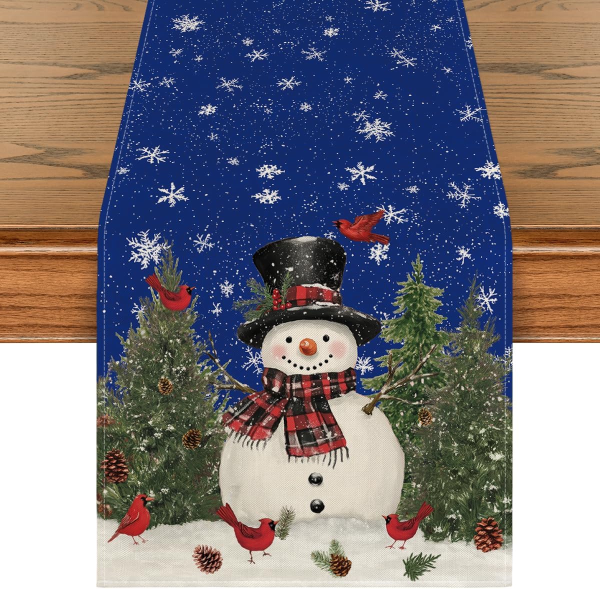 Artoid Mode Snowman Birds Trees Christmas Table Runner, Seasonal Blue Winter Holiday Kitchen Dining Table Decoration for Indoor Outdoor Home Party Decor 13 x 48 Inch