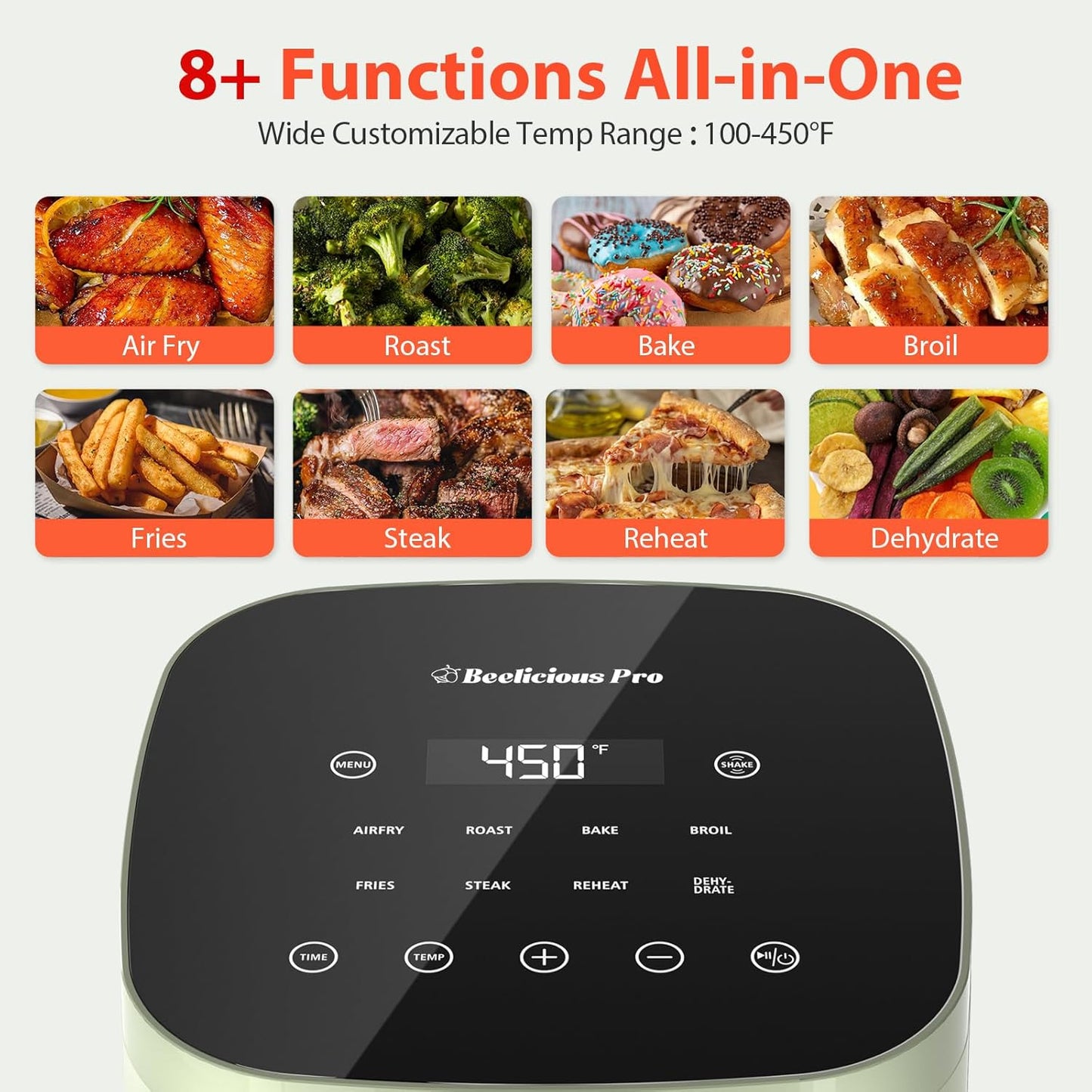 Air Fryer, Beelicious 8-in-1 Smart Compact 4QT Air Fryers, Shake Reminder,450°F Digital Airfryer with Flavor-Lock Tech,Tempered Glass Display, Dishwasher-Safe & Nonstick, Fit for 1-3 People, Avo Green