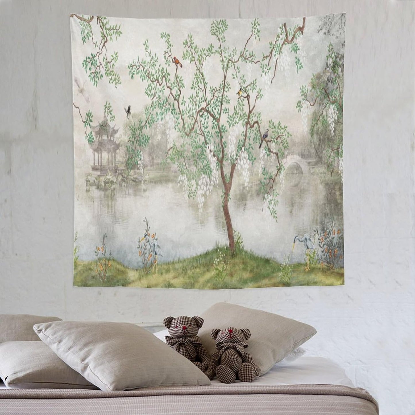 HZOHNAGO Japanese Tapestry Tree Misty Garden Lake Printed Wall Tapestry Ink Painting Wall Hanging for Bedroom Living Room Dorm 60" W x 60" H