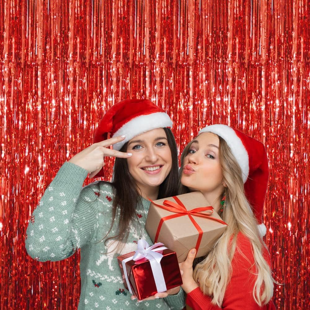GOER 3.2 ft x 9.8 ft Metallic Tinsel Foil Fringe Curtains Party Photo Backdrop Party Streamers for Birthday,Graduation,New Year Eve Decorations Wedding Decor (3 Pcs, Red)