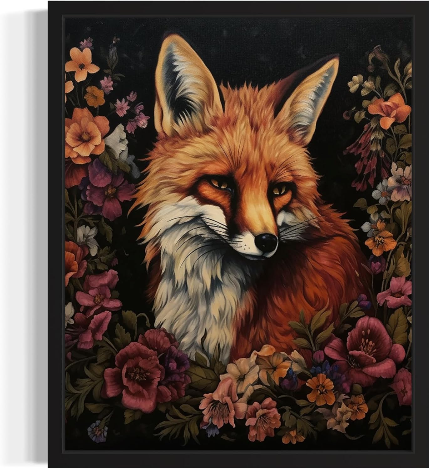 Fox and Flower Poster Art Print, Halloween Scary Vintage Wall Art Academia Spooky Painting Decoration for Horror Prints, Gothic Posters Bedroom Decor 89 (Fox and Flower, 16 x 20 inches, Black Frame)