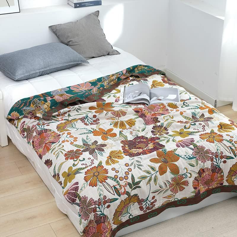 Boho Throw Blanket for Bed 80”x90”, 100% Cotton Woven Blanket for Couch Sofa, Ultra Soft 4-Layer Muslin Quilt with Vintage Floral Printed, Farmhouse Bed Blanket/Cover for Living Room Decor