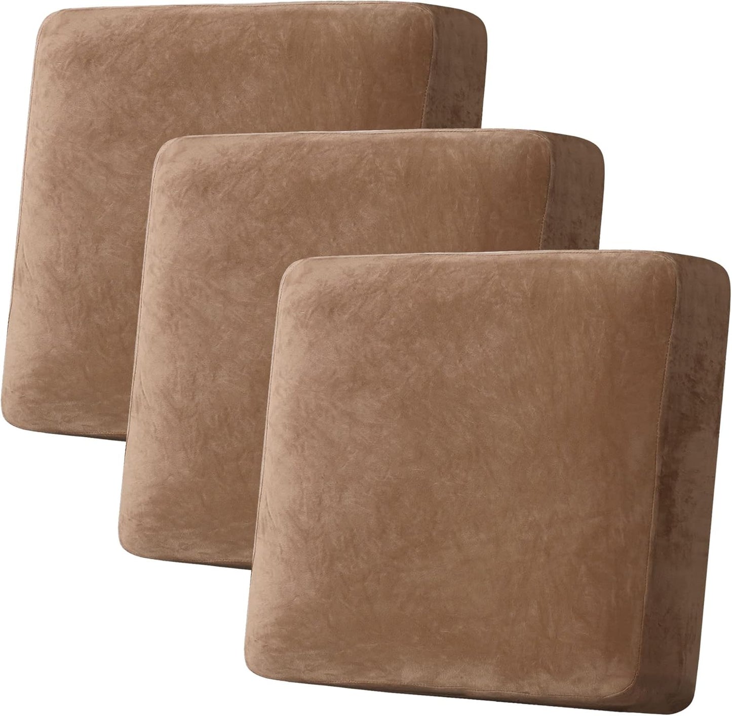 H.VERSAILTEX Velvet Stretch Couch Cushion Cover Plush Cushion Slipcover for Chair Loveseat Sofa Cushion Furniture Protector Seat Cushion Sofa Cover (3 Piece XL Sofa Cushion Covers, Camel)