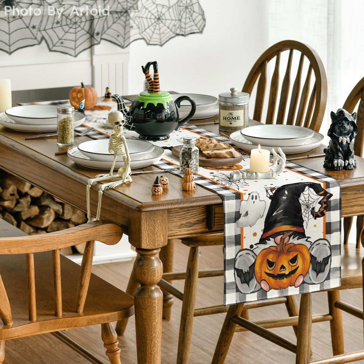 Artoid Mode Buffalo Plaid Gnome Bat Pumpkin Ghost Halloween Table Runner, Sensonal Kitchen Dining Table Decor for Home Party 13x90 Inch