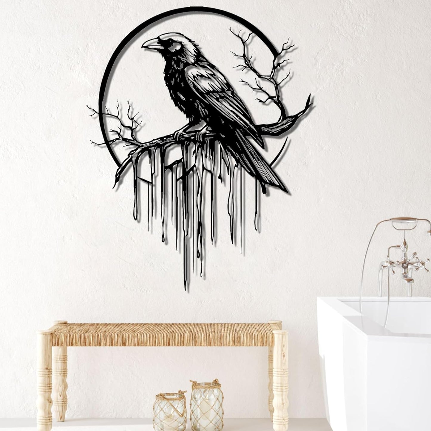 Crow Metal Wall Decor, Raven Wall Art, Large Gothic Raven Decor Hangings, Bird Wall Decor, Metal Tree Branch Decor, Ravens Sign, Raven Art for Living Room (Silver, 30"x24" |76x61cm, metal wall art)