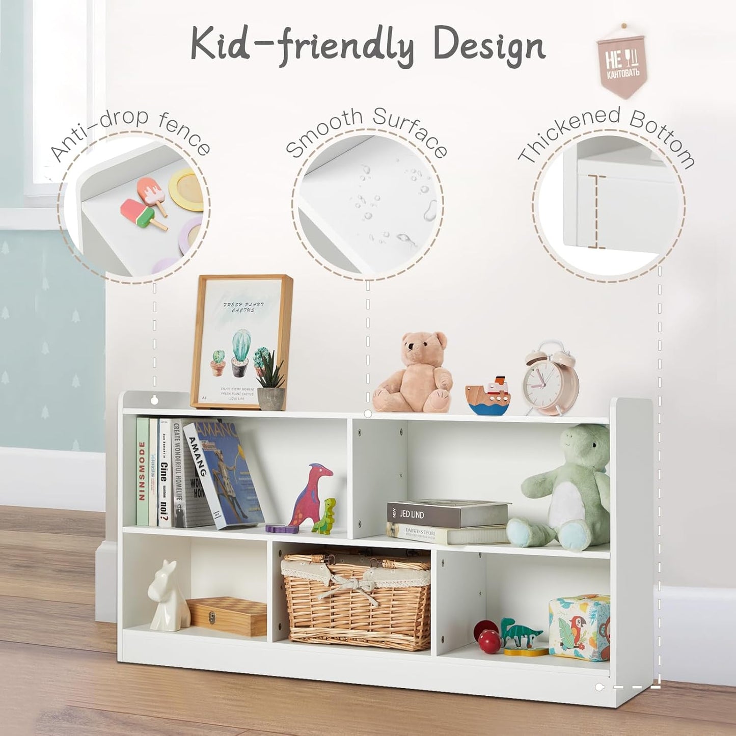 Montessori Shelf, Wooden Toy Storage Organizer for Books Toys, 2 Shelf Bookcase, 5-Section Storage Cabinet, Toddler Book Shelf for Kids Rooms, Playroom, Nursery, Kindergarten