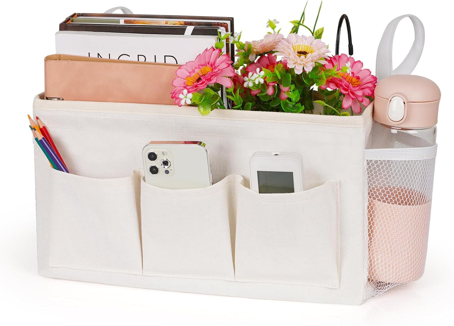 Bedside Caddy Bedside Organizer Bedside Storage Caddy with Fixed Straps and Water Bottle Holder for Home College Dorm Bunk Bed Hospital Bed Crib Bed Rails (White)