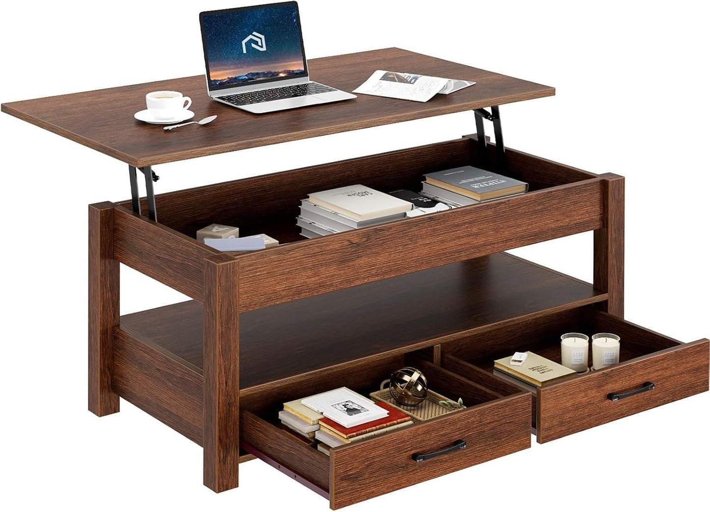 Rolanstar Coffee Table, 47.2" Lift Top Coffee Table with Drawers and Hidden Compartment, Retro Central Table with Wooden Lift Tabletop, for Living Room,Espresso