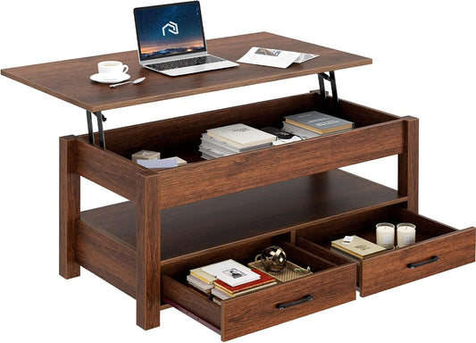 Rolanstar Coffee Table, 47.2" Lift Top Coffee Table with Drawers and Hidden Compartment, Retro Central Table with Wooden Lift Tabletop, for Living Room,Espresso