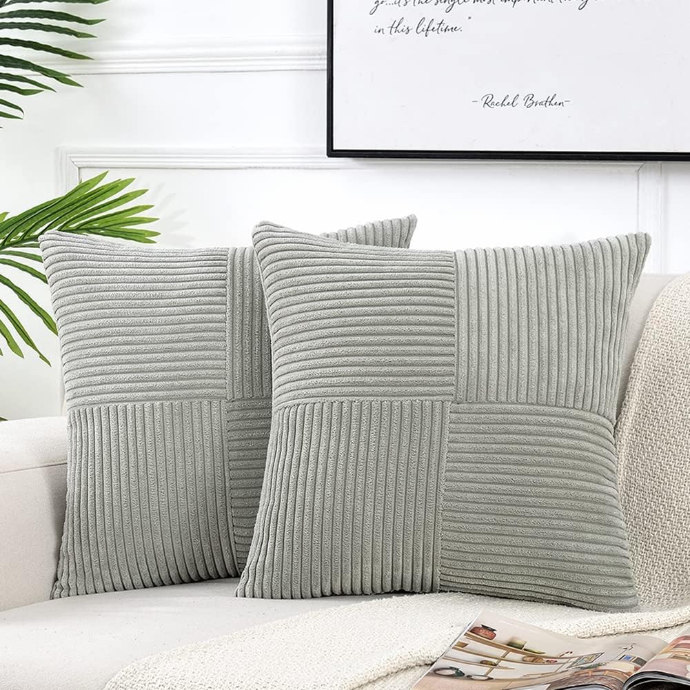 Fancy Homi 2 Packs Grey Decorative Throw Pillow Covers 16x16 Inch for Living Room Couch Bed Sofa, Rustic Farmhouse Boho Home Decor, Soft Corss Patchwork Corduroy Textured Square Cushion Case 40x40 cm