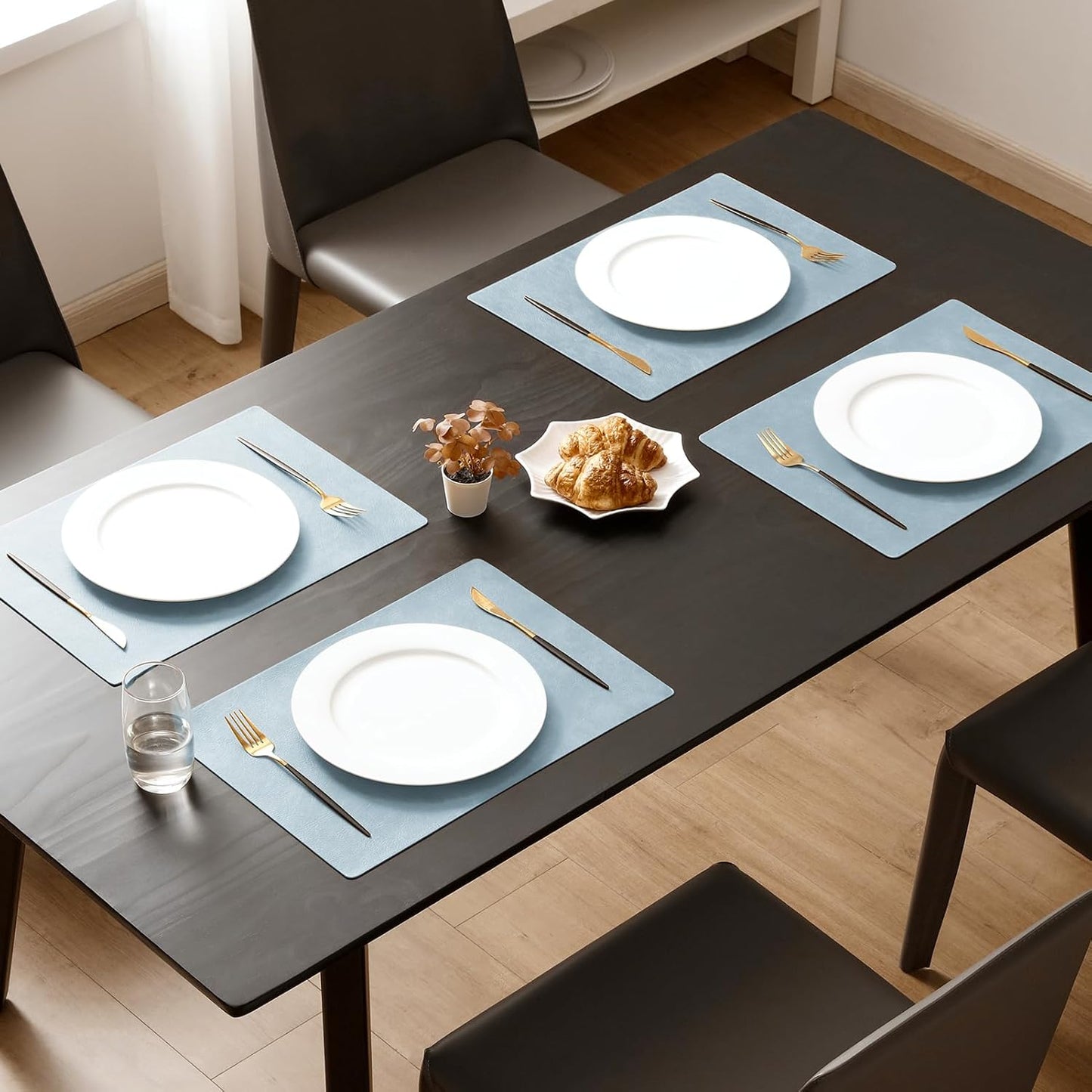 MOSAYT Vinyl Placemats Set of 6-12 X 17 Inch - Faux Leather 100% Waterproof Oil-Proof Wipeable PU Place Mats, Heat Resistant Reversible Table Mats for Kitchen, Dining, Outdoor (Light Grayish Blue)