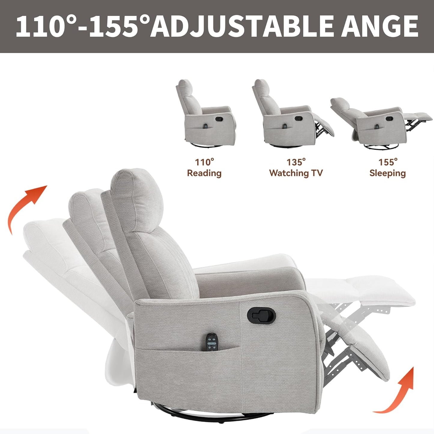 Manual Swivel Rocker Recliner Chair for Adults, Overstuffed Reclining Glider Chair for Nursing with Vibration Massage & Heat, Living Room Rocking Recliner 2-Stage backrest, Chenille Fabric Light Gray