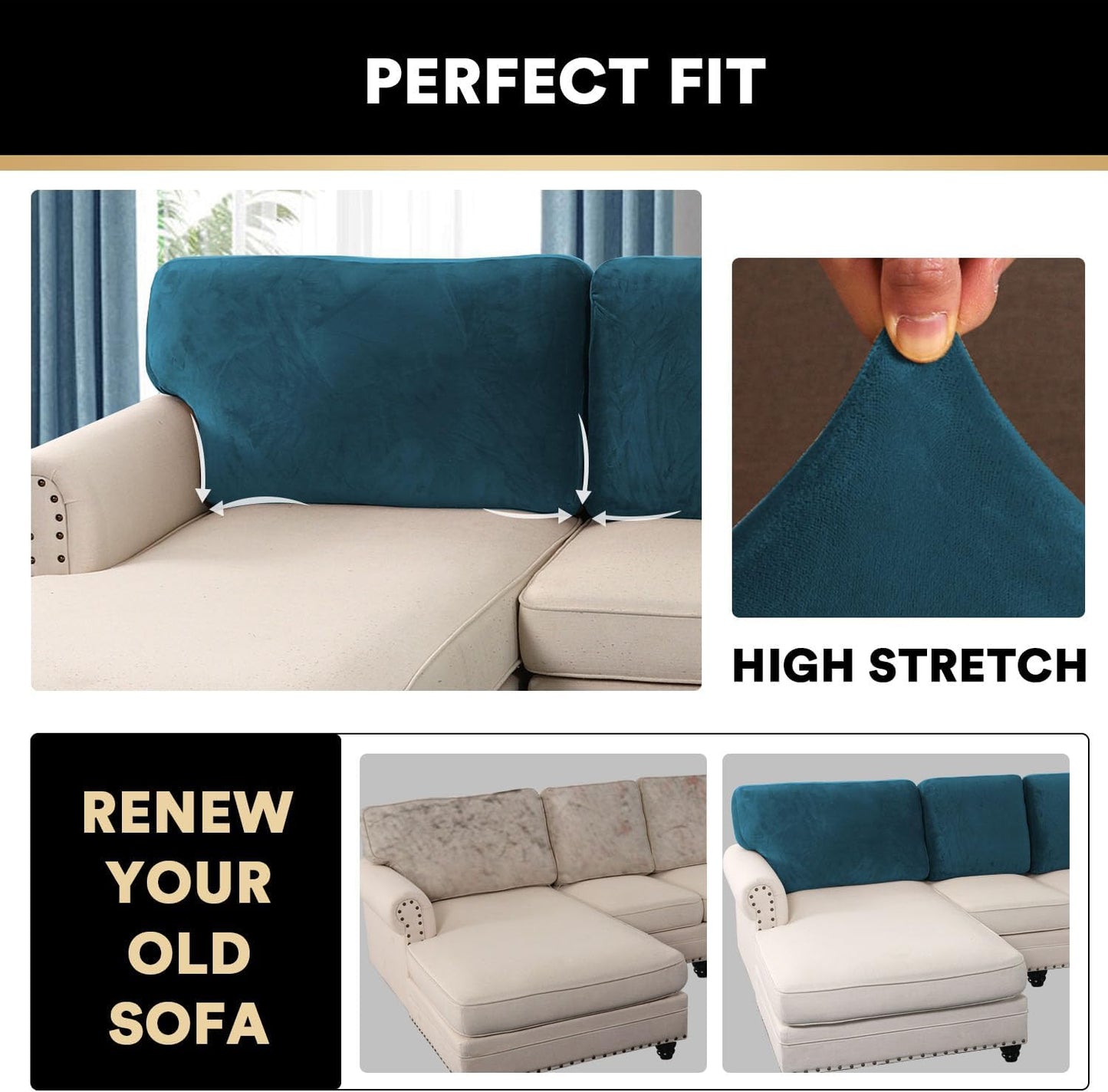 PrinceDeco Sectional Couch Covers Velvet Cushion Covers for Sectional Couch Cushion Covers for Sectional Sofa Separate Sectional Sofa Slipcovers Washable(1 Chaise Back+ 2 Sofa Back,Camel)