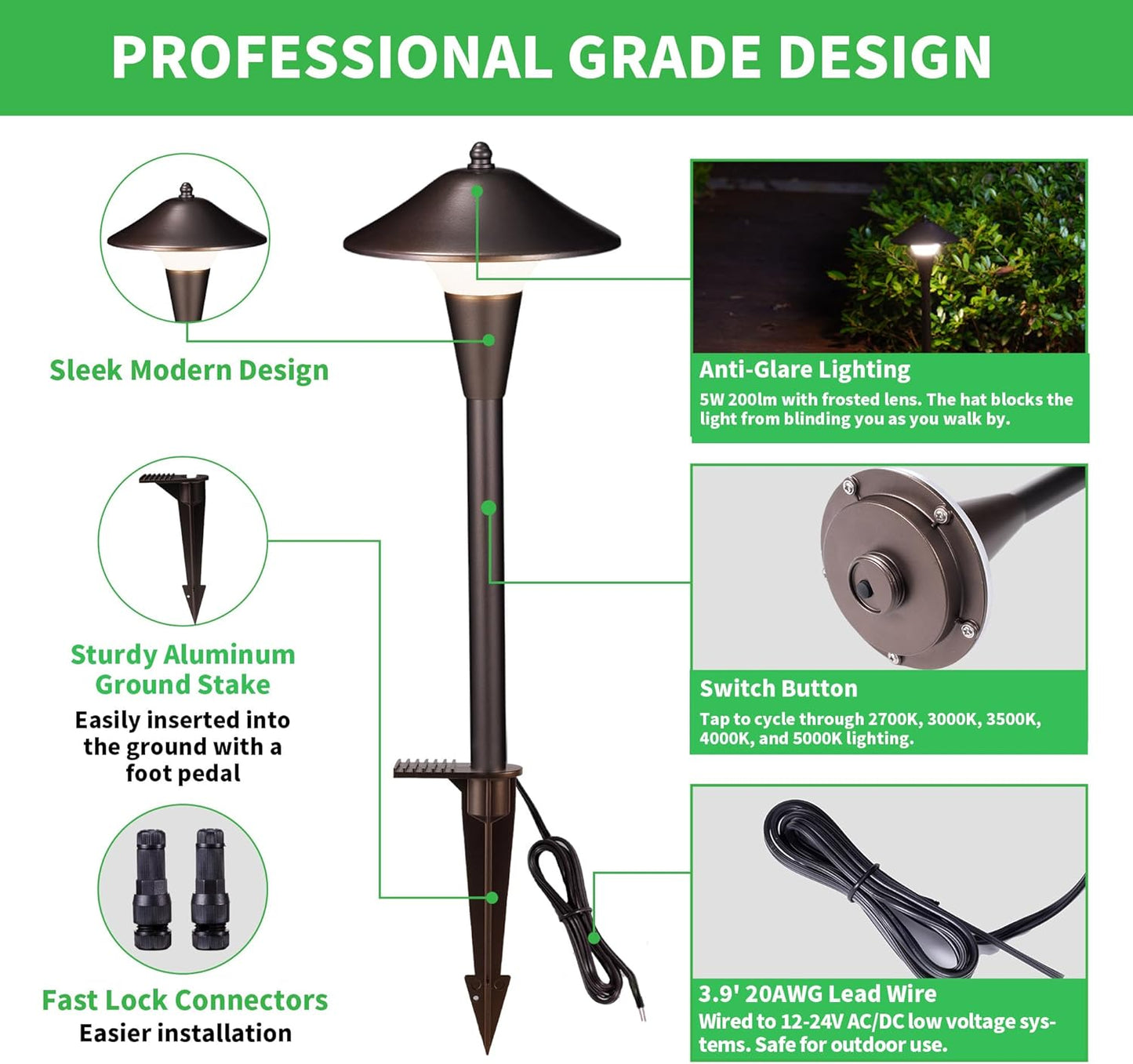 Hardwired Landscape Path Lights, Warm & Cool White Selectable Pathlight 12V, Low Voltage Walkway Light Waterproof, 5W 200LM ORB Metal Outdoor Lighting for Driveway Garden Sideway (6 Pack)