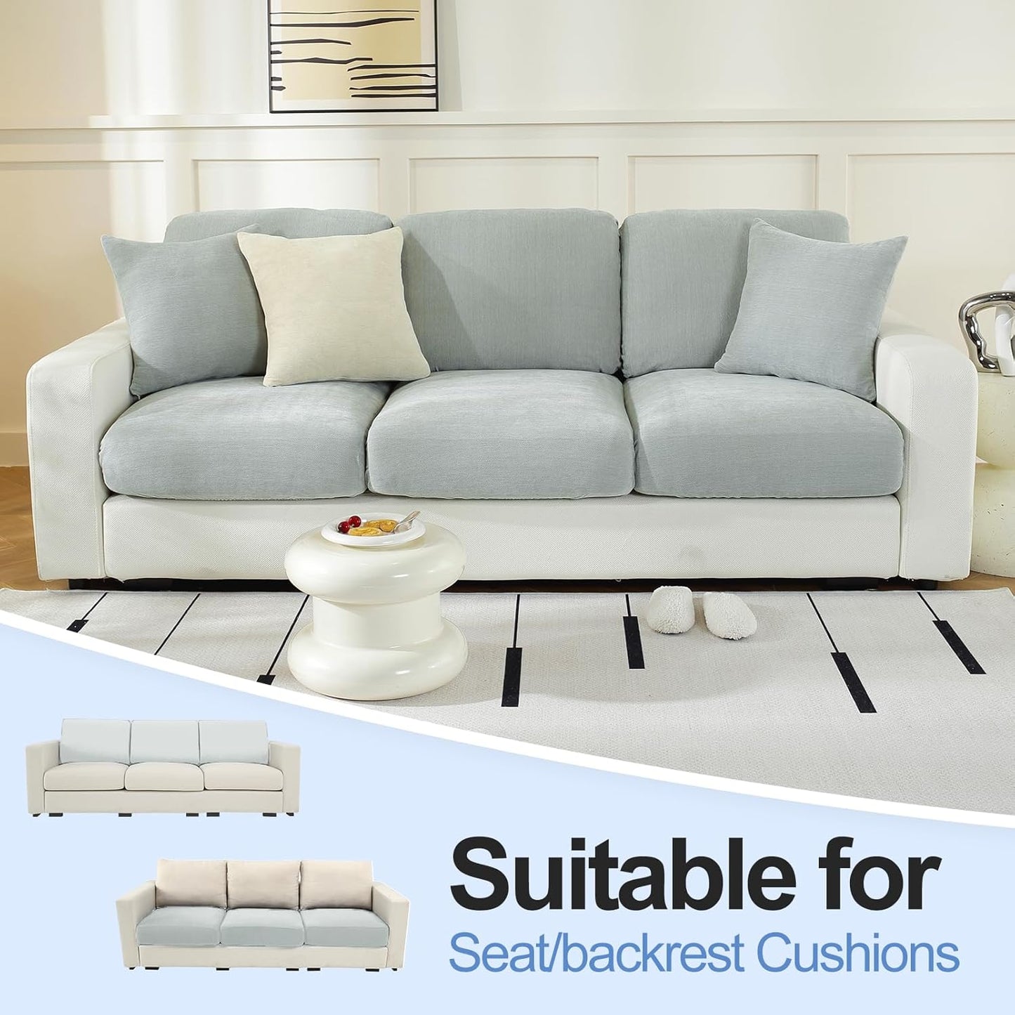 Couch Cushion Covers Individual Large Super Stretch Chenille (Softer Version) Sofa Cushion Covers, Couch Seat Covers Couch Slipcovers Furniture Protector (3 Piece, Light Grey)