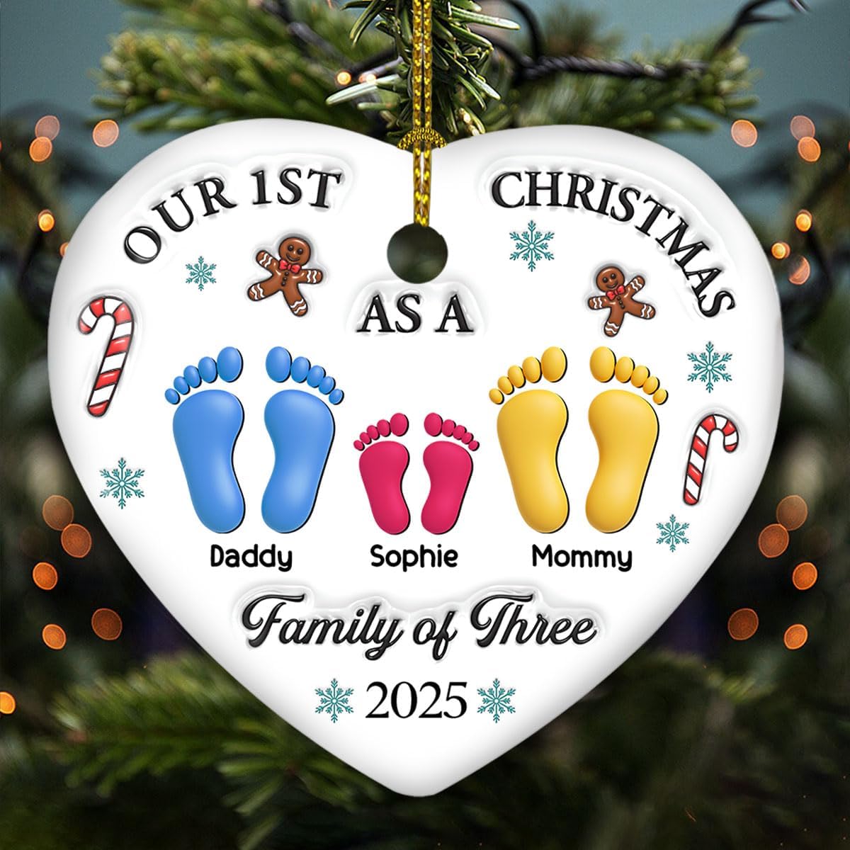 Custom 3D Effect Heart Ornament – Our First Christmas, Personalized Gift for Newly Married Brides, Ideal Holiday Keepsake