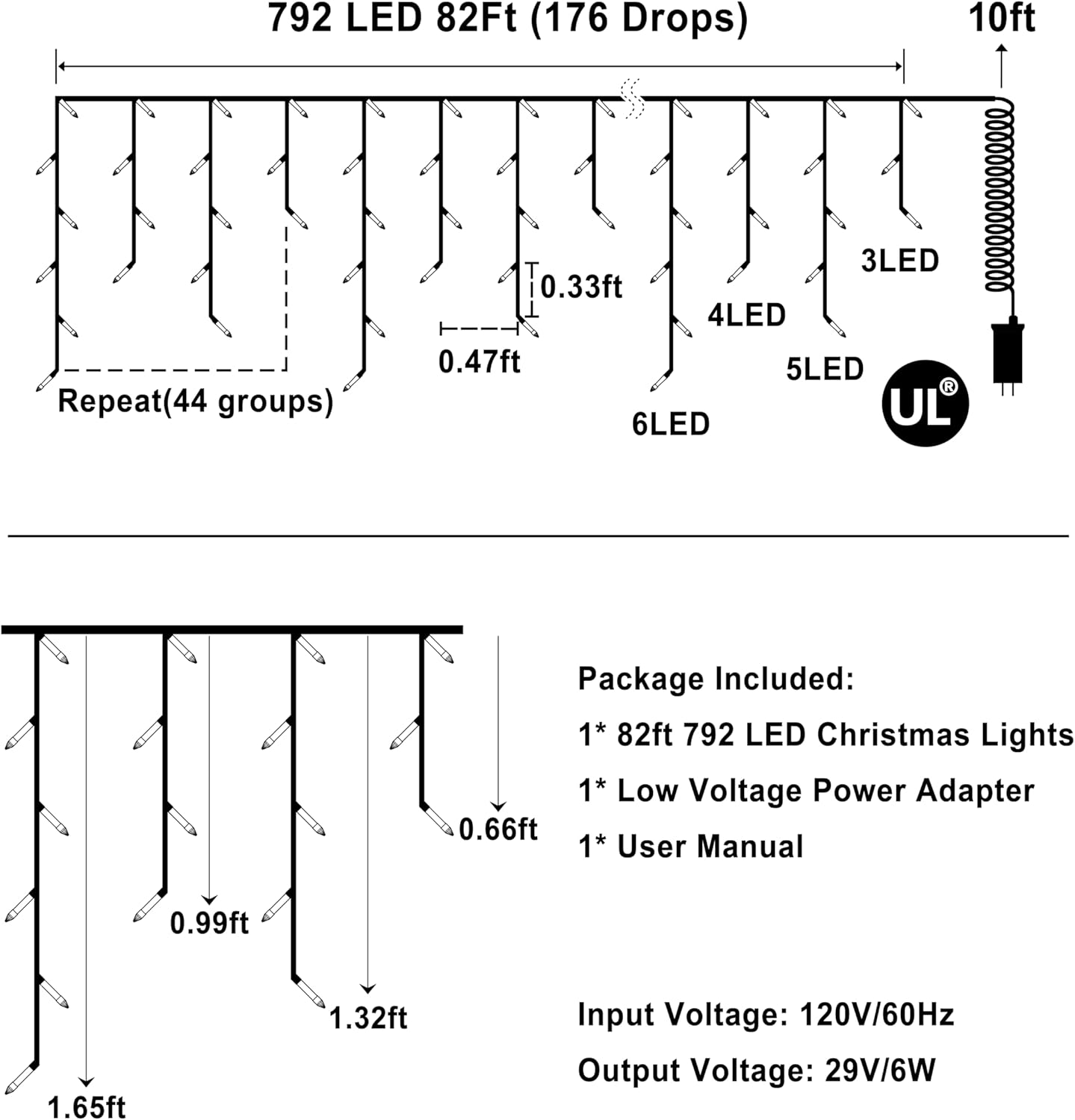 792 LED Christma Lights with 176 Drops, 82ft Outdoor Hanging lights with 8 Modes & Timer Memory, Outsite Waterproof Curtain String Lights for Front House Fence Tree Holiday Decorations Warm White