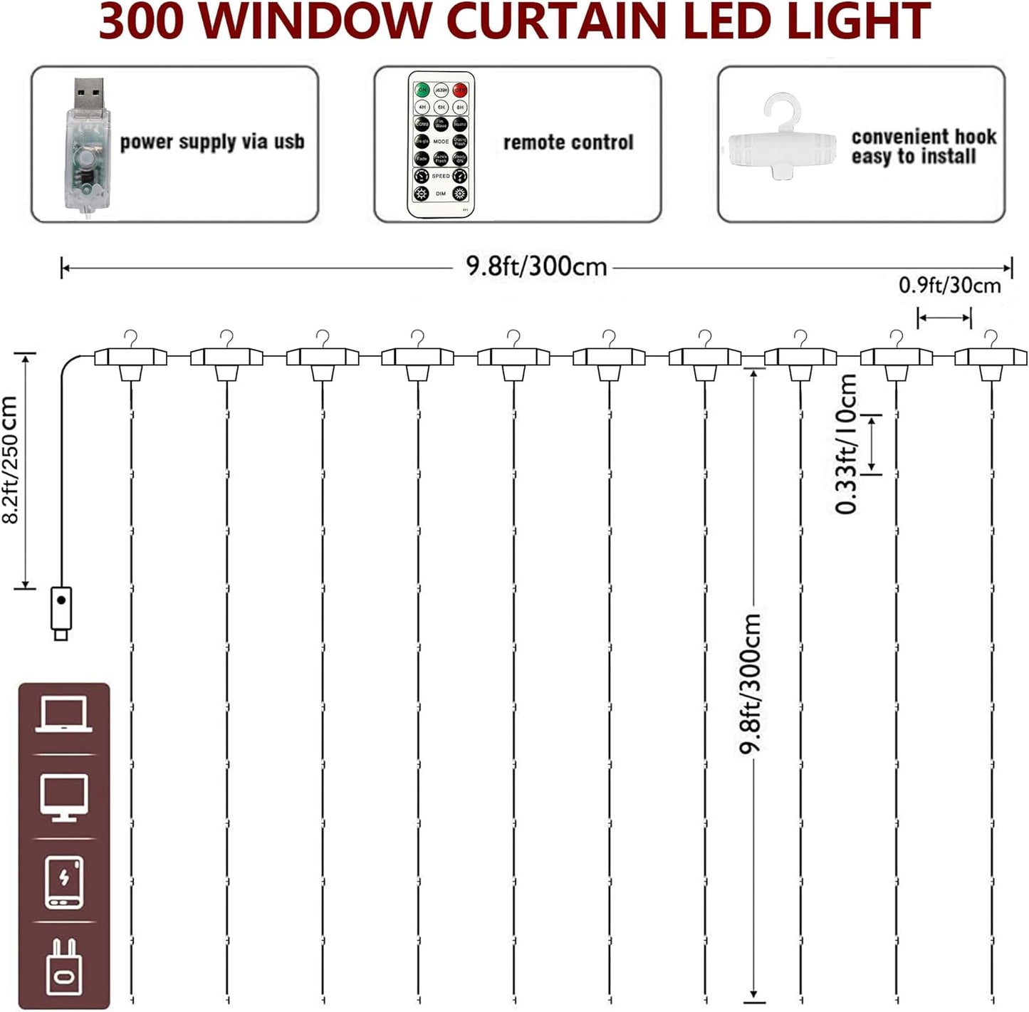 HOME LIGHTING Window Curtain String Lights, 300 LED 8 Lighting Modes Fairy Copper Light with Remote, USB Powered Waterproof for Christmas Bedroom Party Wedding Home Garden Wall Decorations, Multicolor