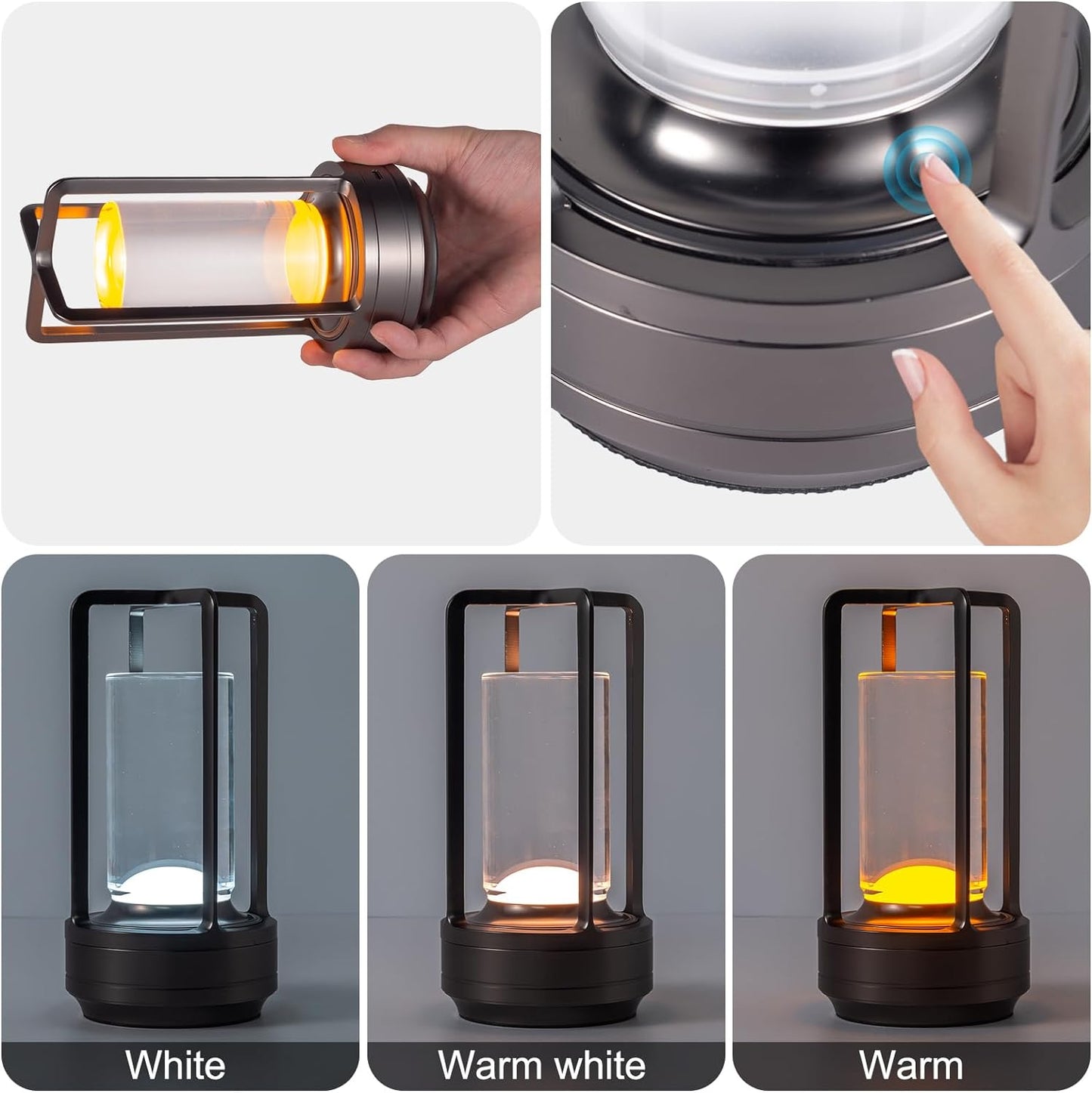 Portable Metal Table Lamp for Indoor/Outdoor ,Rechargeable Cordless LED Lamp, 3-Colour Infinitely Dimming Battery Powered Small Desk Lamp, Restaurant/Bedroom/Bar/Coffee Shop/Camping Light (Grey)