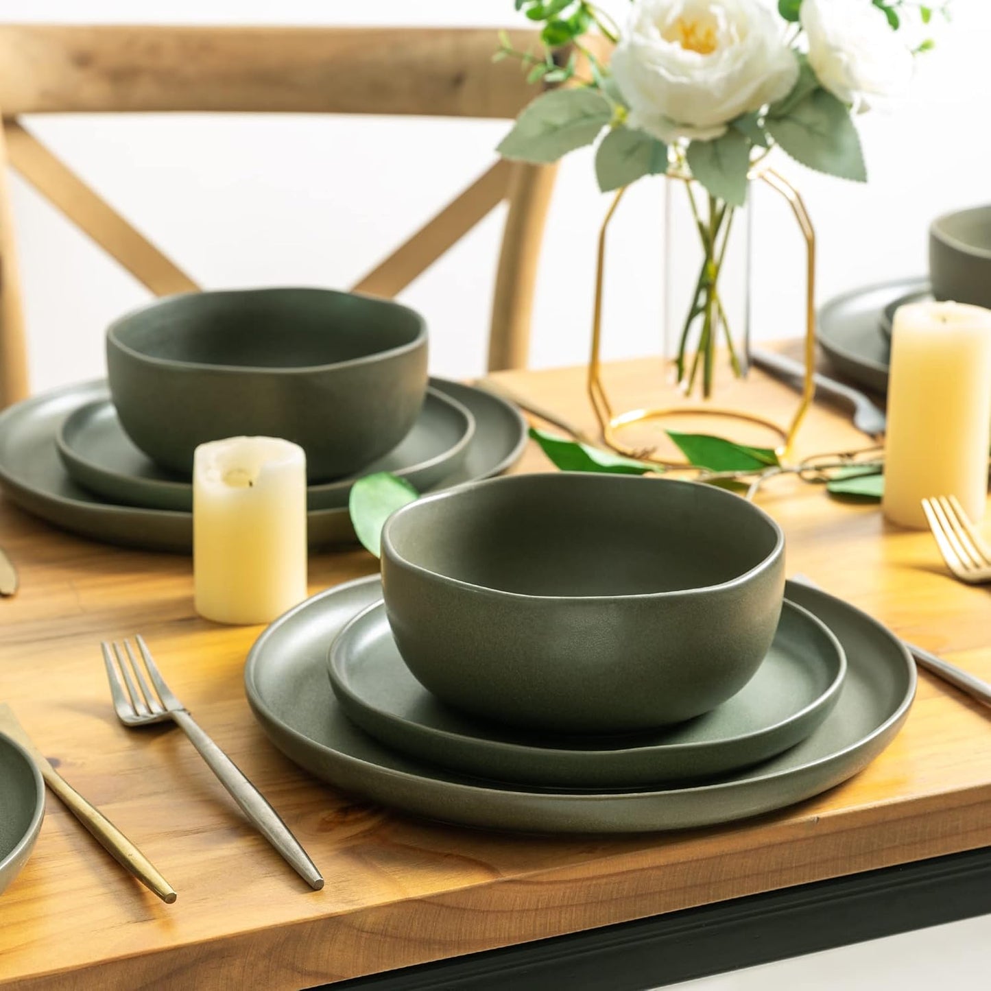 AmorArc Stoneware Dinnerware Sets, Wavy Rim Ceramic Plates and Bowls Sets, Highly Chip and Crack Resistant | Dishwasher & Microwave & Oven Safe Dishes set, Service for 4 (12pc)