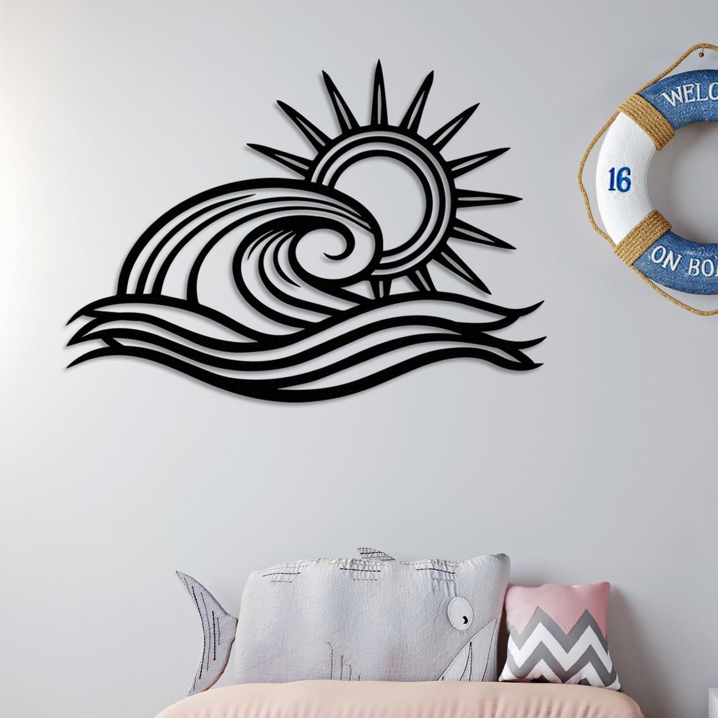Wita Home Ocean Wave Metal Wall Art, Sun Beach Decor, Coastal Large Wall Sculpture for Home, Indoor/Outdoor Use, Nautical Wall Hanging, Eye-Catching Addition to Living Room (Red, 24 x 14 inches)