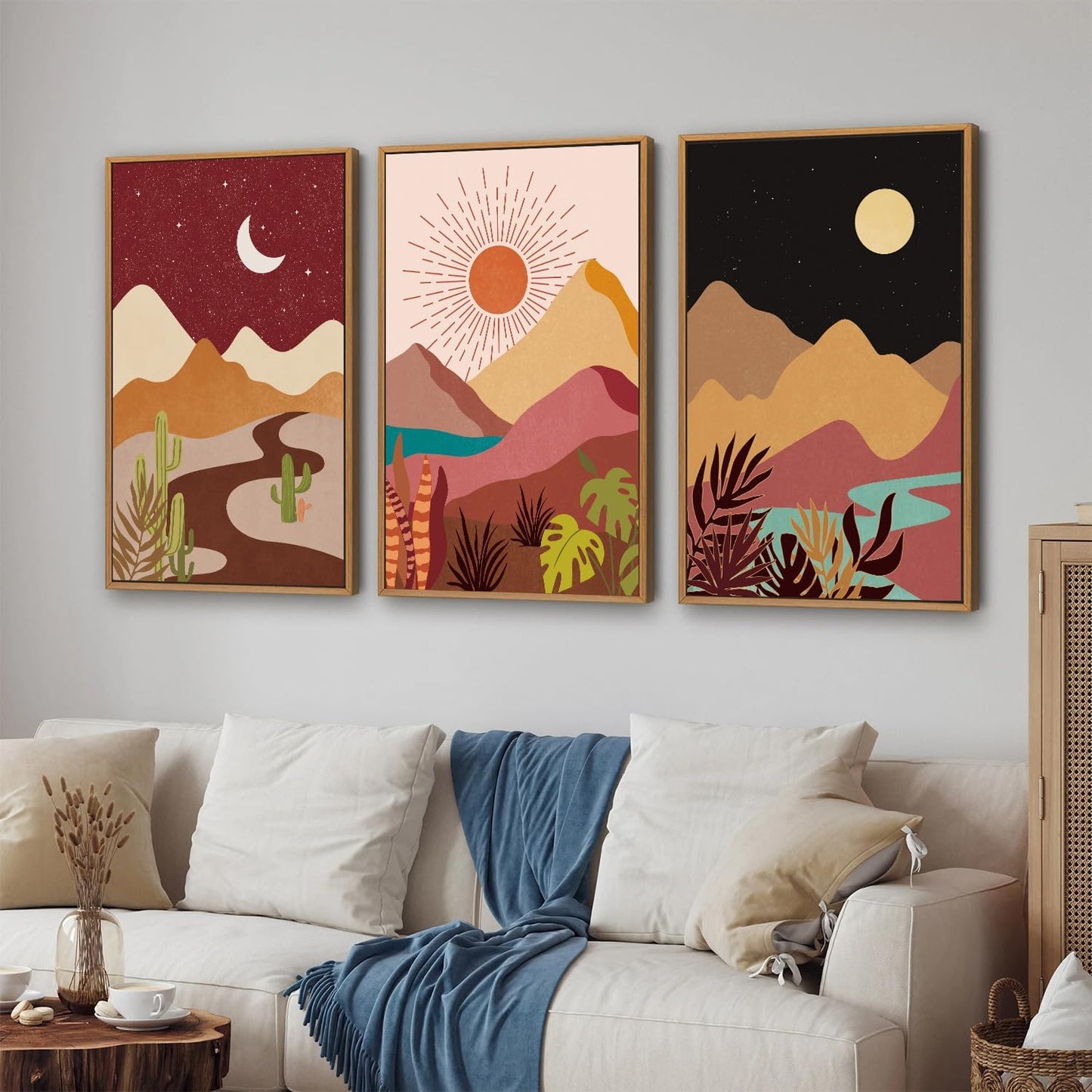 SIGNINART Boho Desert Framed Canvas Wall Art Set of 3, Colorful Sun and Moon Art Prints, Bohemian Modern Cactus Art Paintings, Southwestern Landscape Wall Decor for Living Room, Bedroom, Office 16"x24"