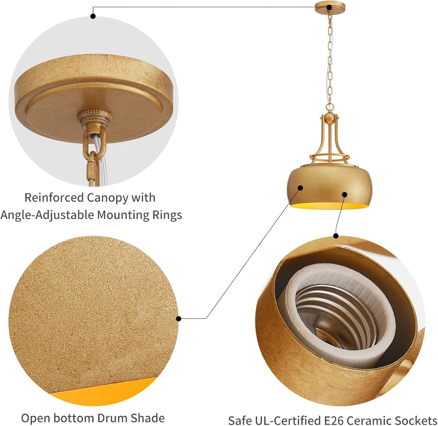 WUZUPS Chandelier Rustic Farmhouse Industrial Round Ceiling Pendant LED Light Fixture with Open Bottom Drum Shade, H 15.7" x W 13.4", Antique Gold