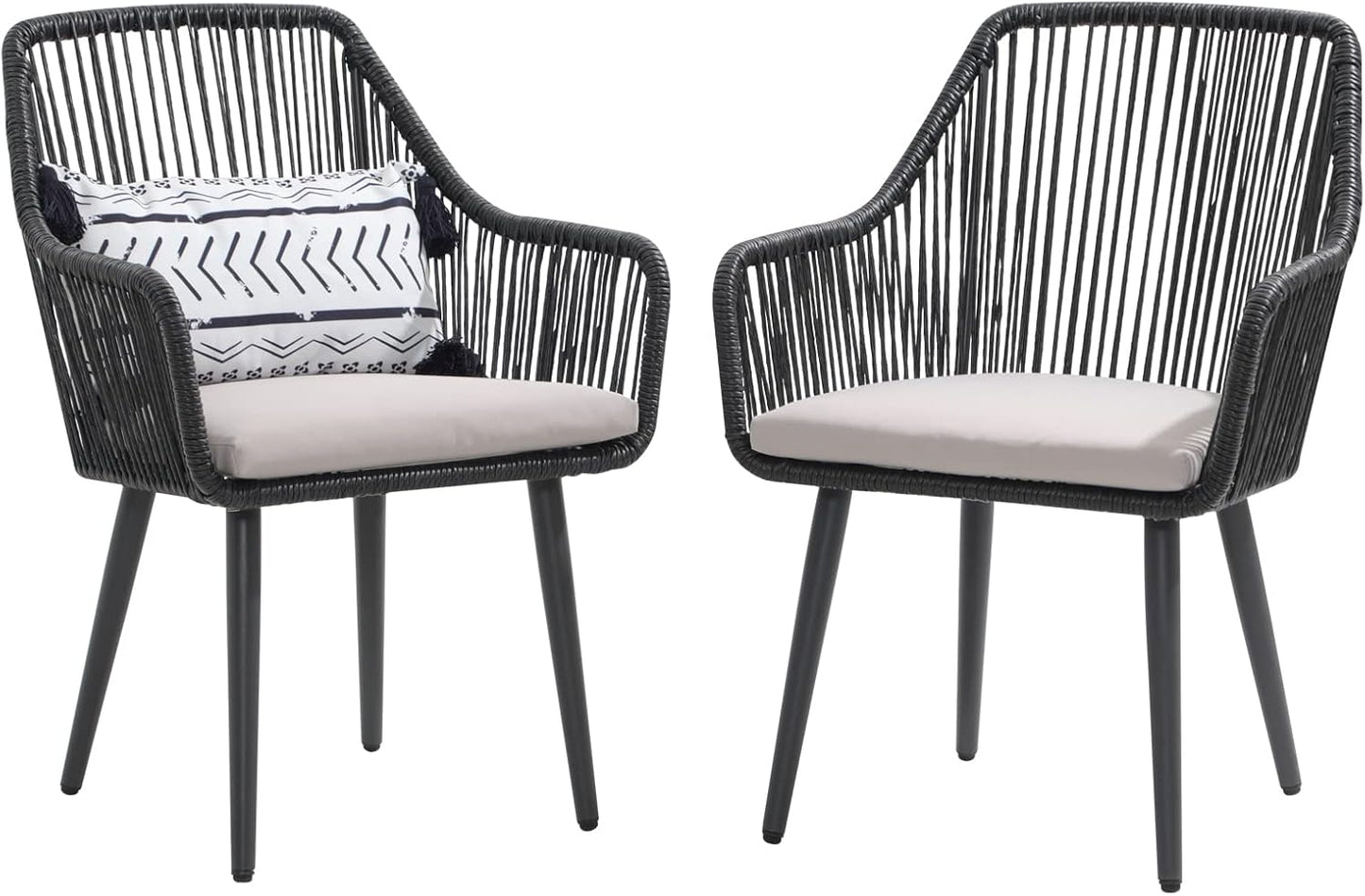Patiorama Outdoor Dining Chairs, Patio Dining Chair Set of 2, All-Weather Woven Rope Rattan Chairs, Outdoor Dining Wicker Chairs with Armrests for Indoor Balcony Pool Backyard(Black)